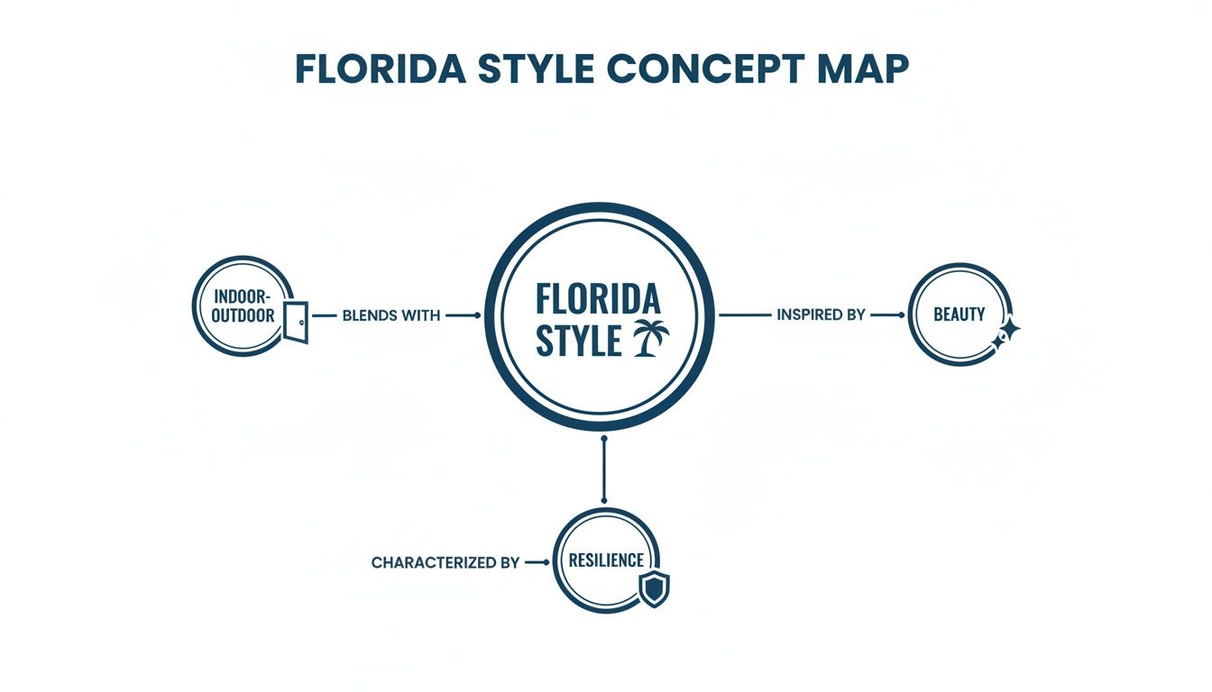 A concept map illustrating 'Florida Style' blending with indoor-outdoor, inspired by beauty, and characterized by resilience.