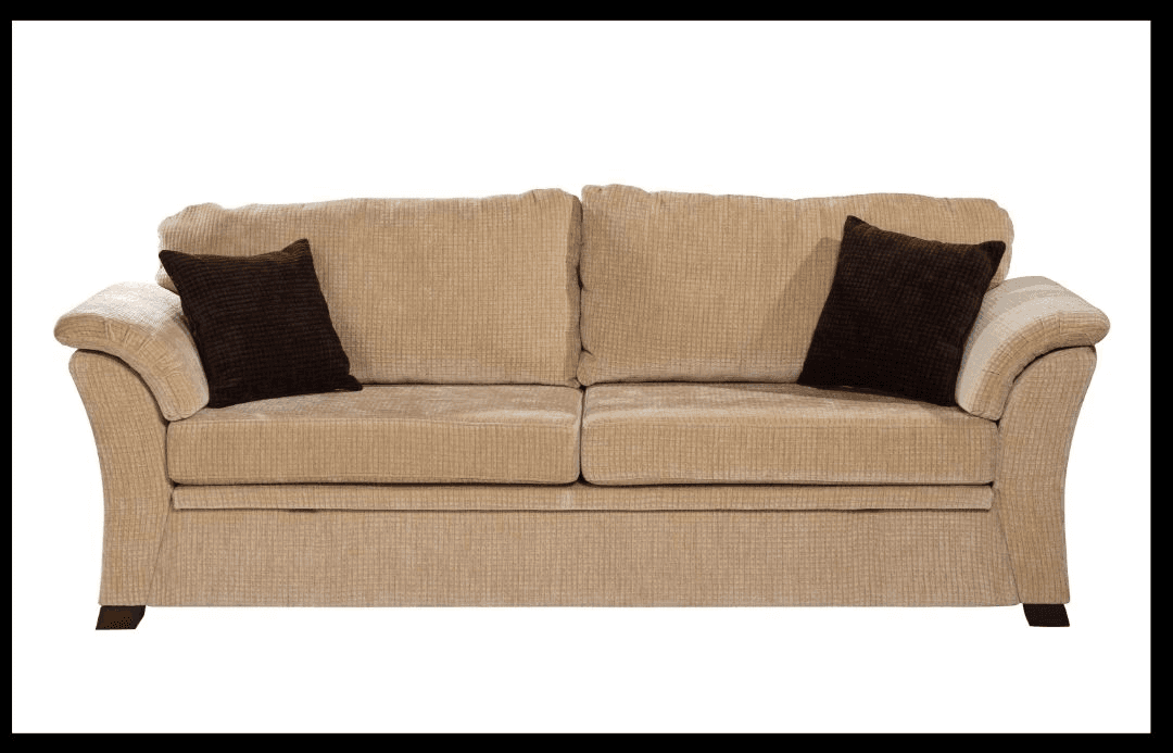 Beige 3-seater with rolled arms and contrast cushions.