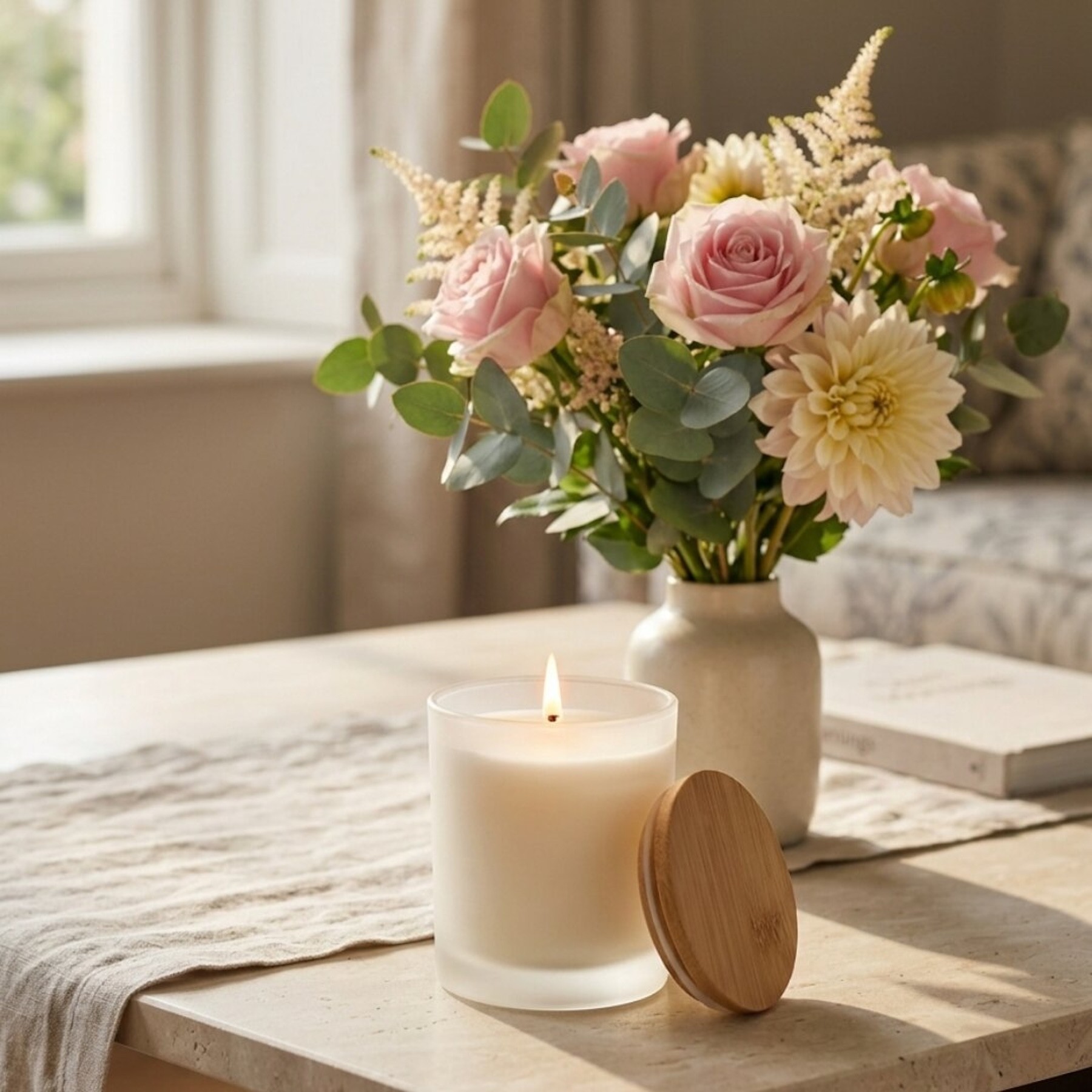 Lit candle beside pastel floral arrangement on sunlit table, creating a calm and elegant home atmosphere.