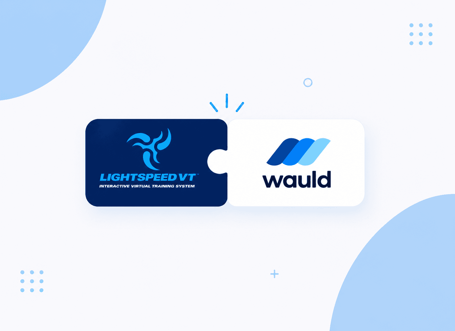 LightSpeed VT and Wauld partnership illustration featuring both logos connected by a small handshake icon at the center, symbolizing collaboration for issuing secure, verifiable digital certificates. The design uses a clean white background with soft blue abstract shapes and minimal geometric accents in Wauld’s brand colors.