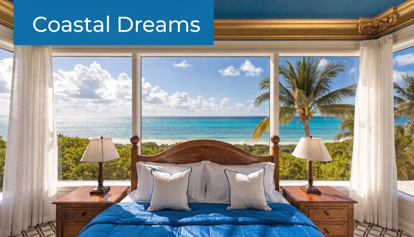 A luxurious bedroom with a king bed overlooking a beautiful turquoise ocean and palm trees in Florida.