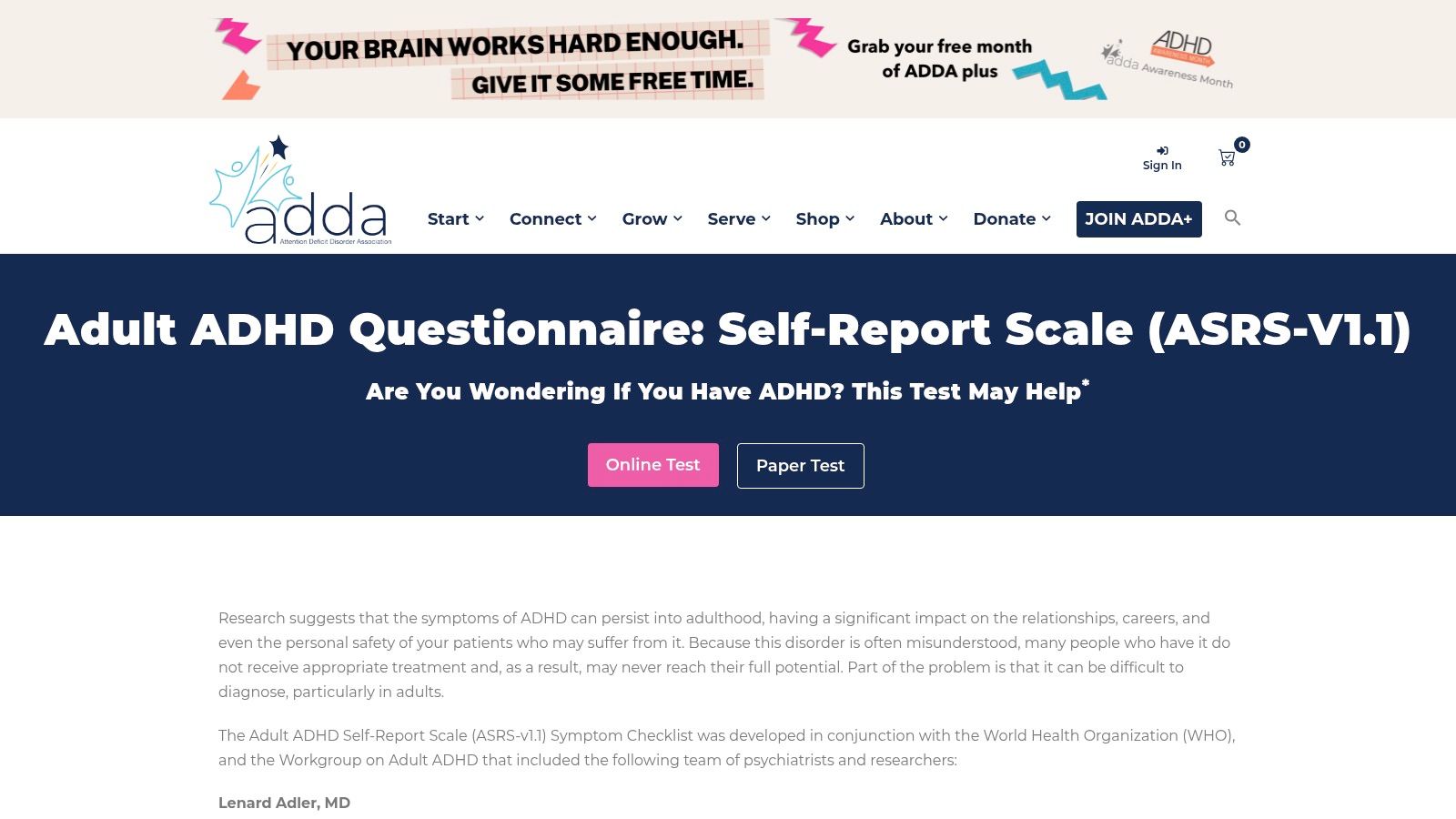 ADDA (Attention Deficit Disorder Association) – Adult ASRS questionnaire (EN)