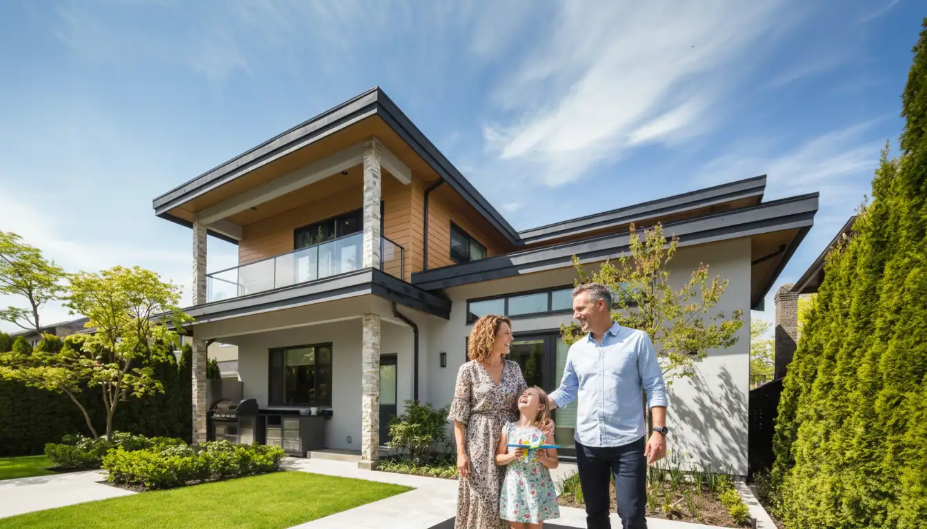 Family standing in front of their completed modern custom home with landscaped yard