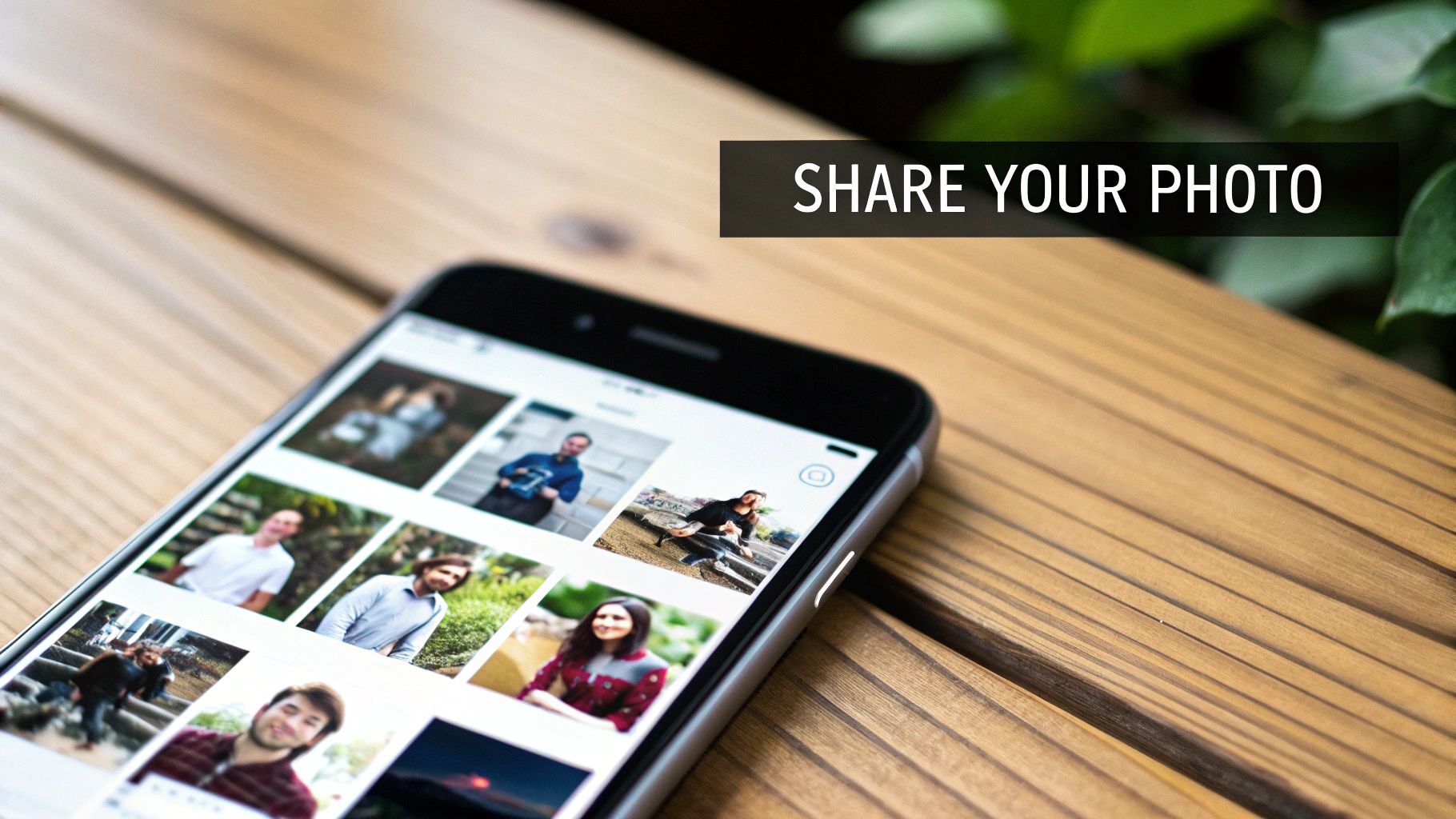 A smartphone displaying a photo gallery of various people, on a wooden table, with text 'SHARE YOUR PHOTO'.