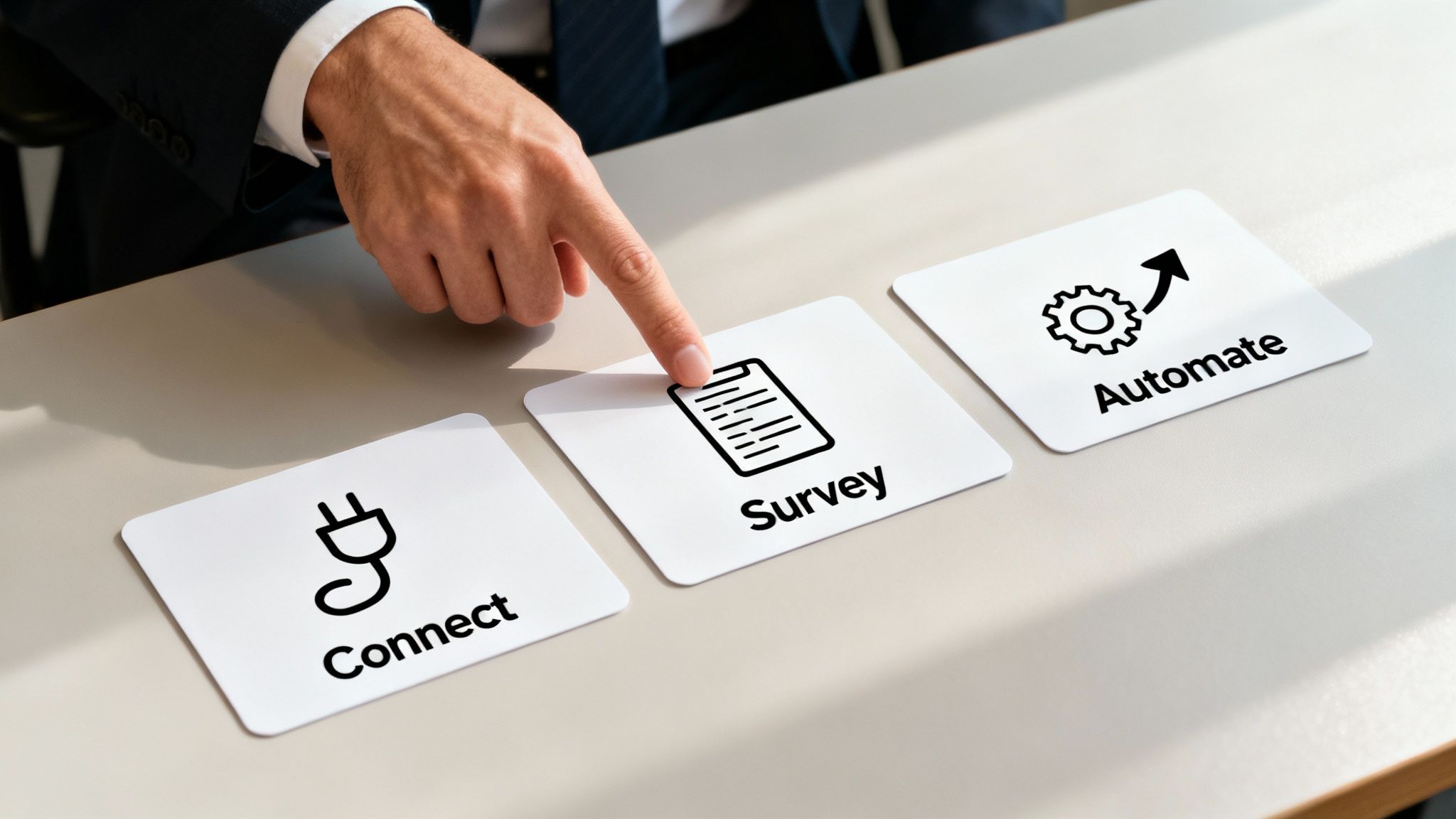 A businessman points to a 'Survey' card, with 'Connect' and 'Automate' cards nearby, depicting business process steps.