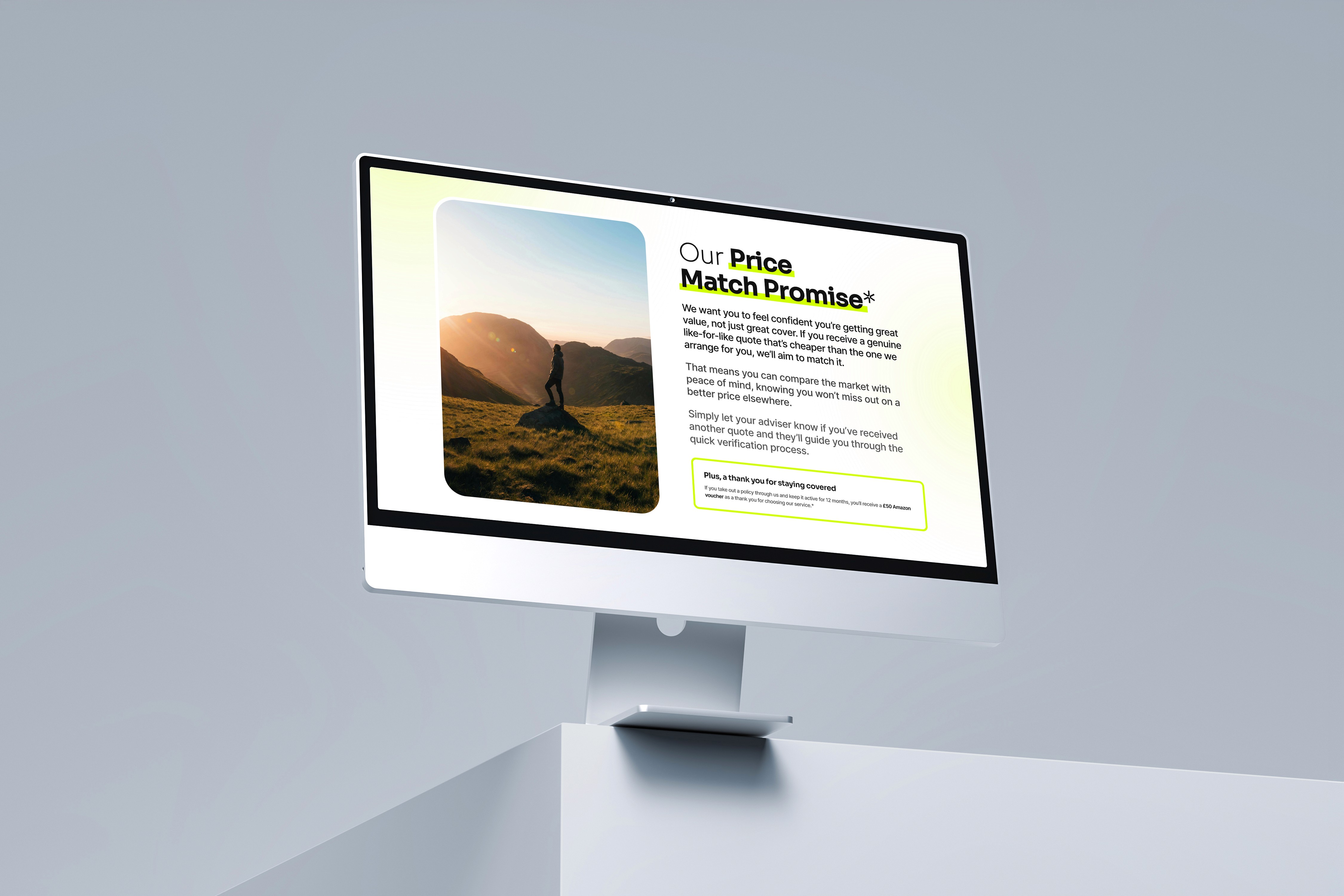 Desktop view showing price match promise and key benefits to build trust