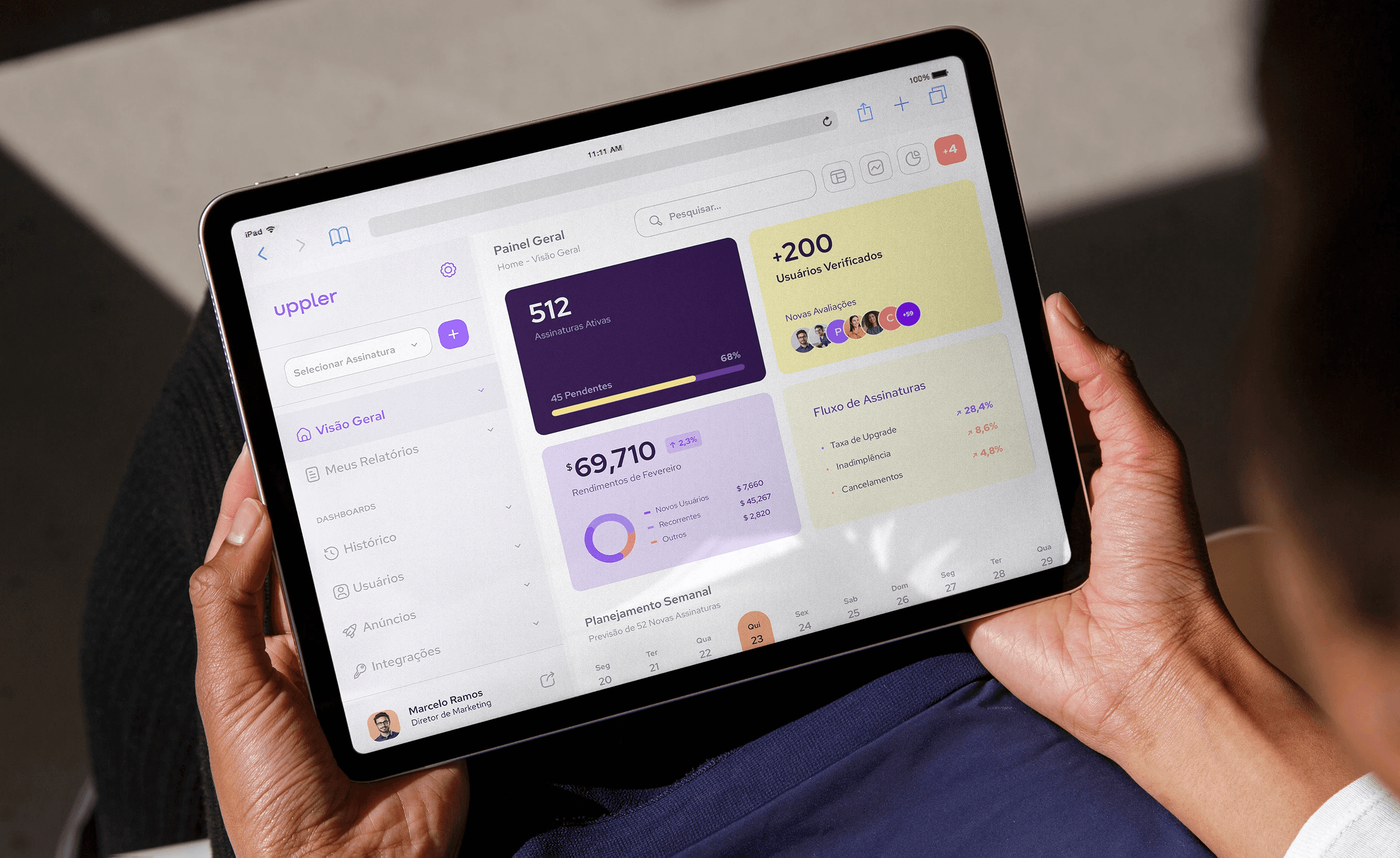 Tela tablet das funções da plataforma