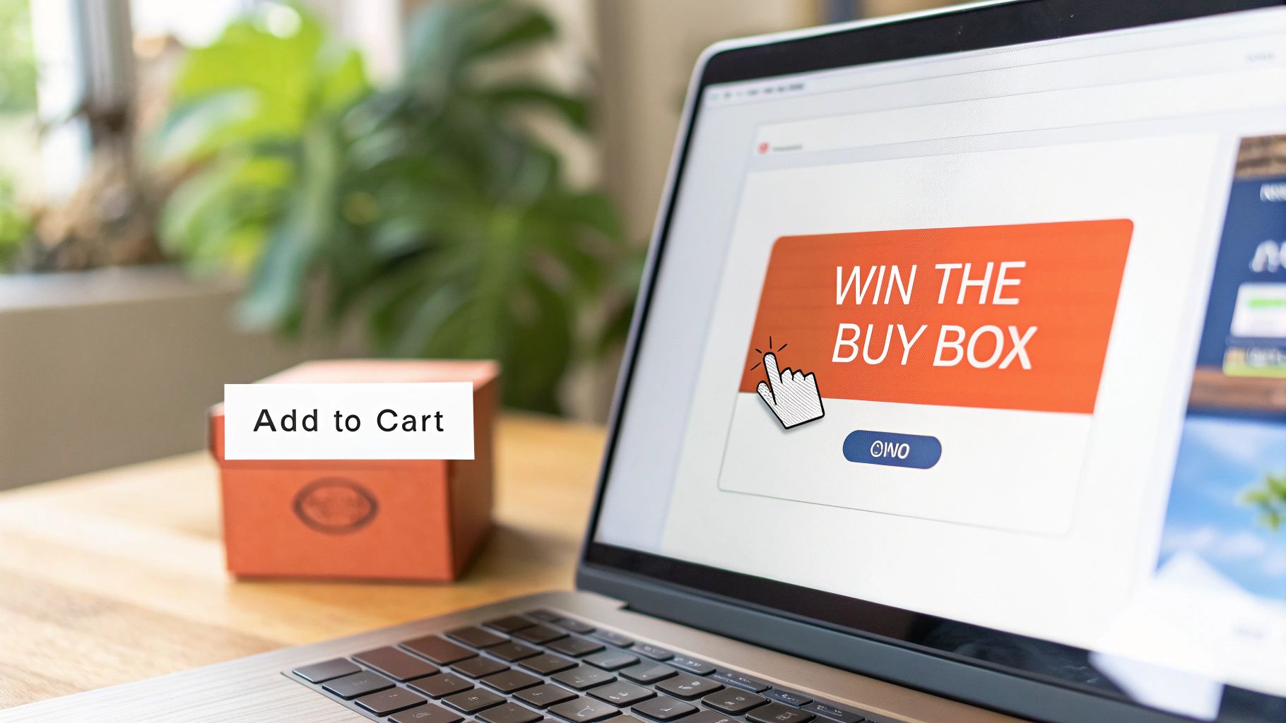 Laptop screen displaying a 'Win the Buy Box' pop-up and an 'Add to Cart' box on a table.