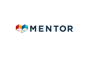 Logo of "MENTOR" displaying a geometric design with colorful triangular shapes on the left, featuring shades of red, orange, and blue, next to the brand name in bold blue letters.