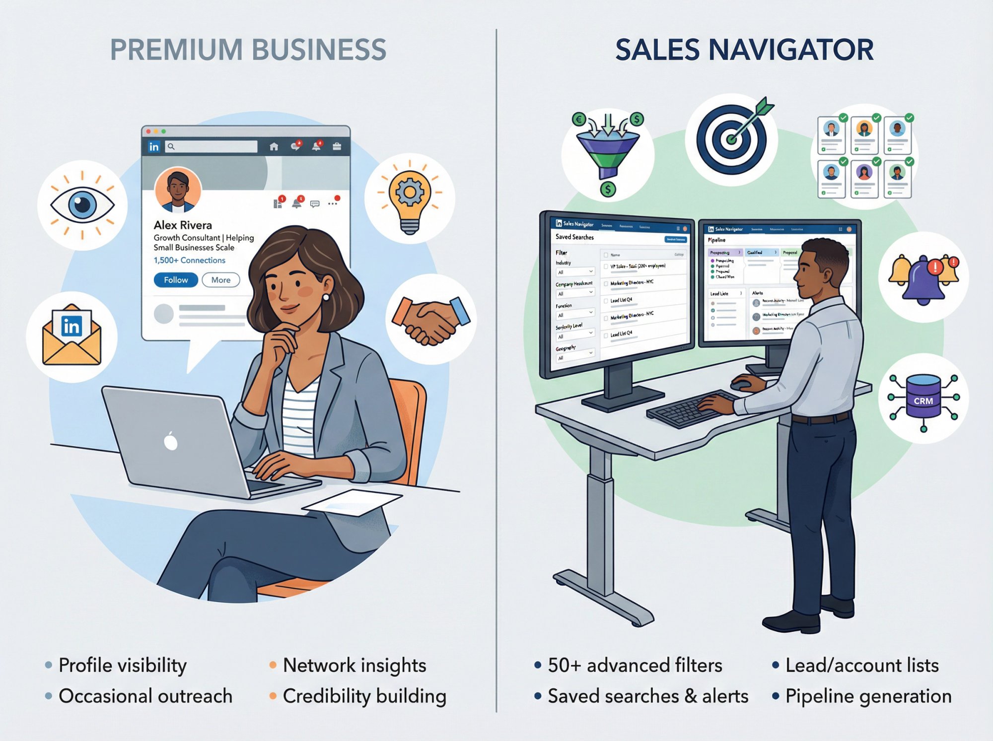Side-by-side comparison showing Premium Business user networking casually vs Sales Navigator user running systematic prospecting workflows