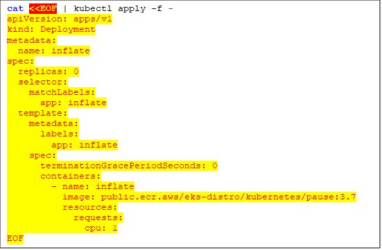 Terminal applying a Kubernetes Deployment named inflate with zero replicas and a CPU request of one core