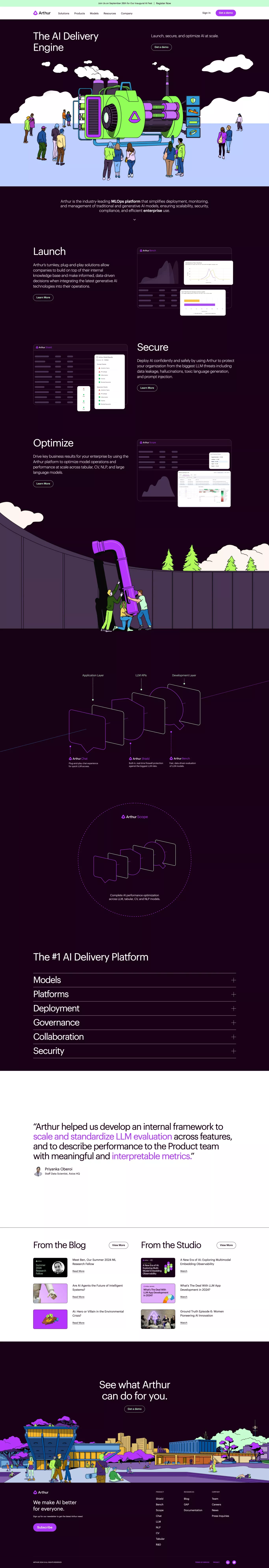 Arthur landing page screenshot showcasing Tech and AI design