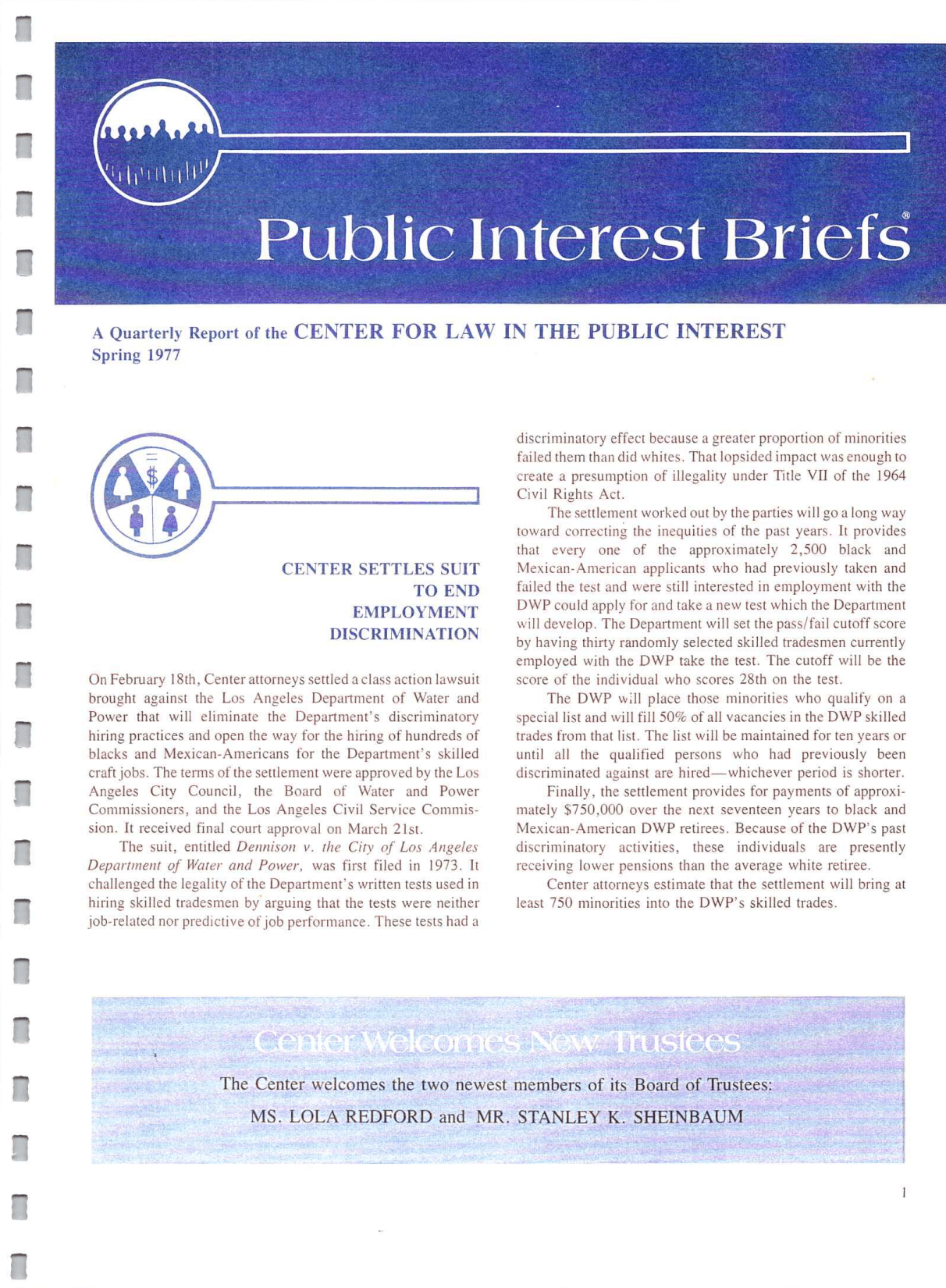 Cover of Center for Law In The Public Interest's Quarterly Report, Spring 1977 Edition Public Interest Briefs