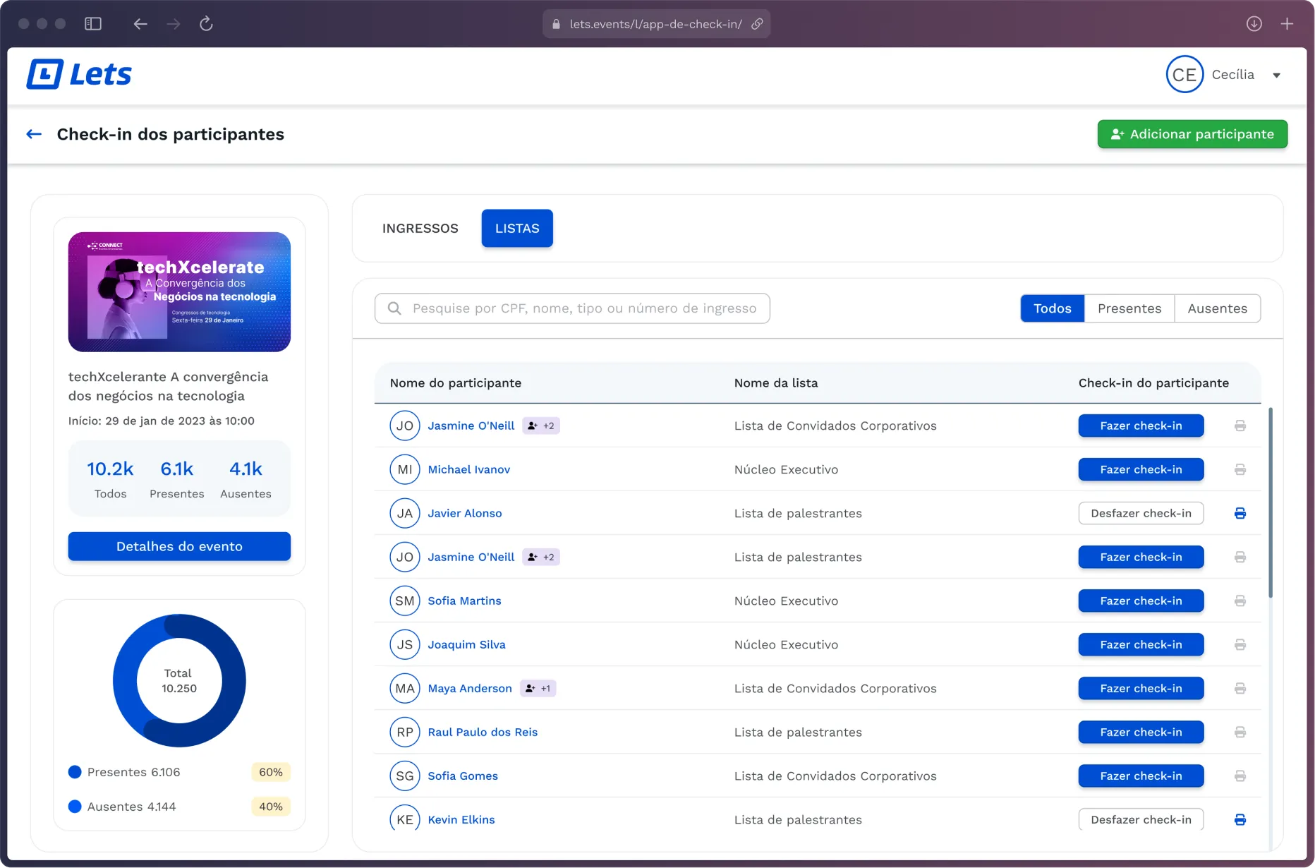 Tela aplicativo de check-in de evento desktop