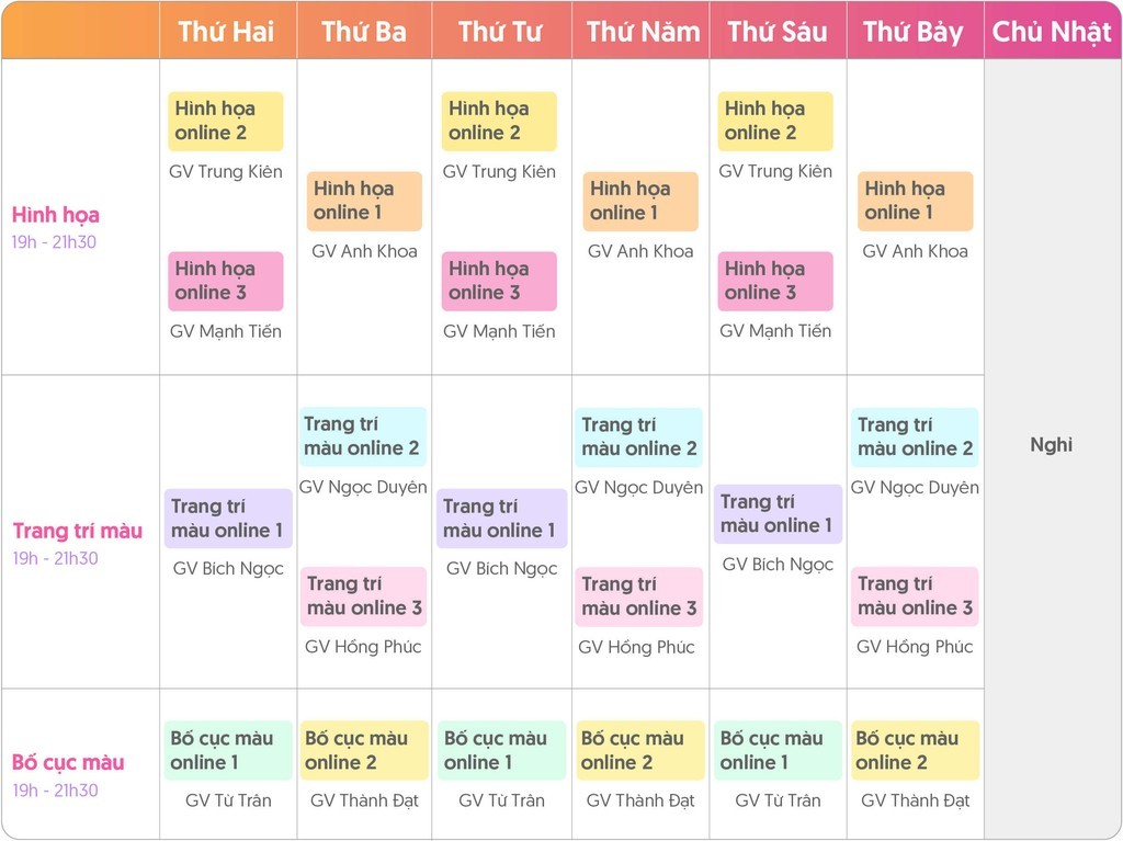 Lịch học Online Sine Art