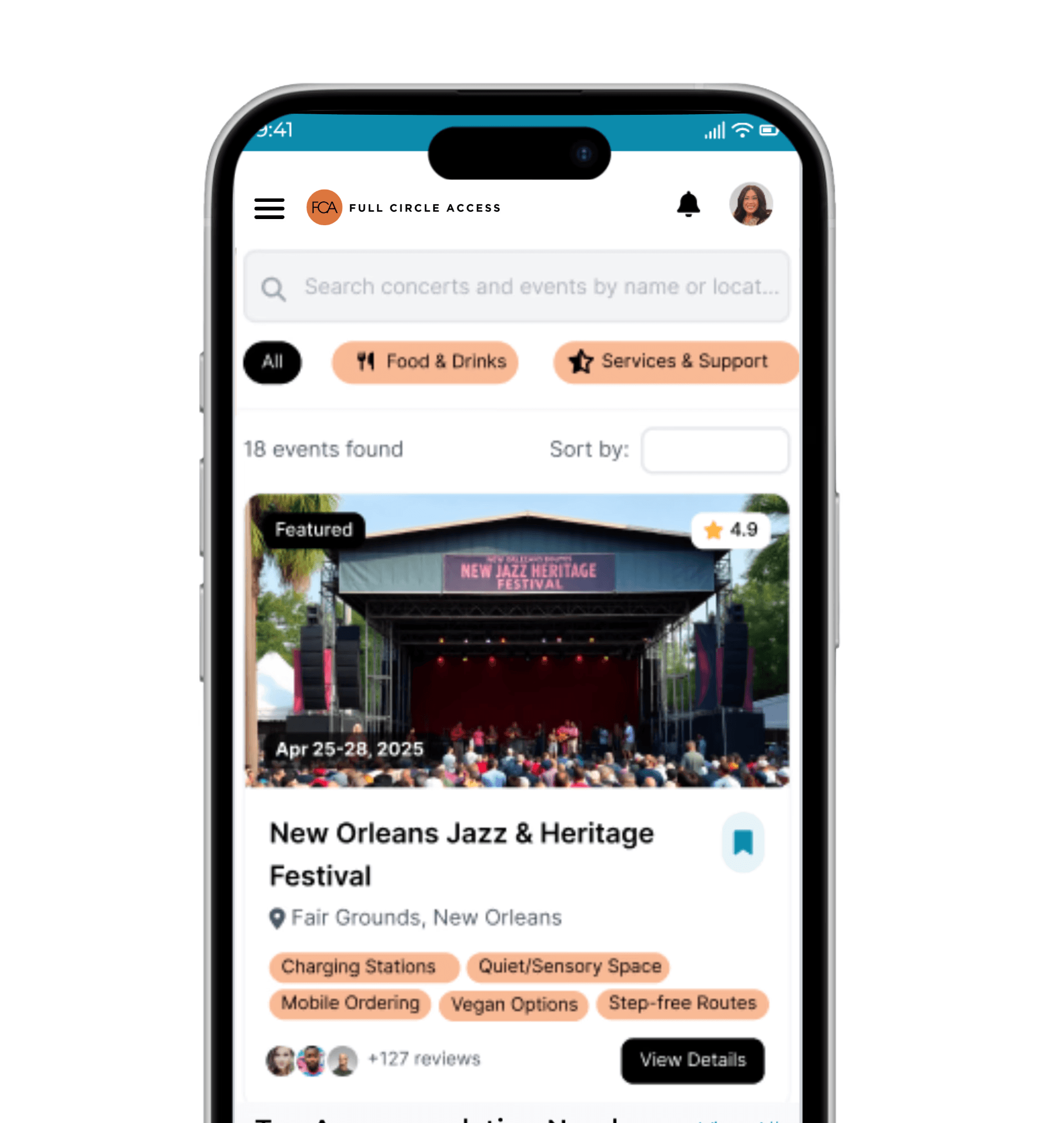 Full Circle Access app showing event search results. Featured: New Orleans Jazz & Heritage Festival with 4.9 star rating, venue feature tags like "Charging Stations" and "Quiet/Sensory Space," and 127+ reviews.Retry