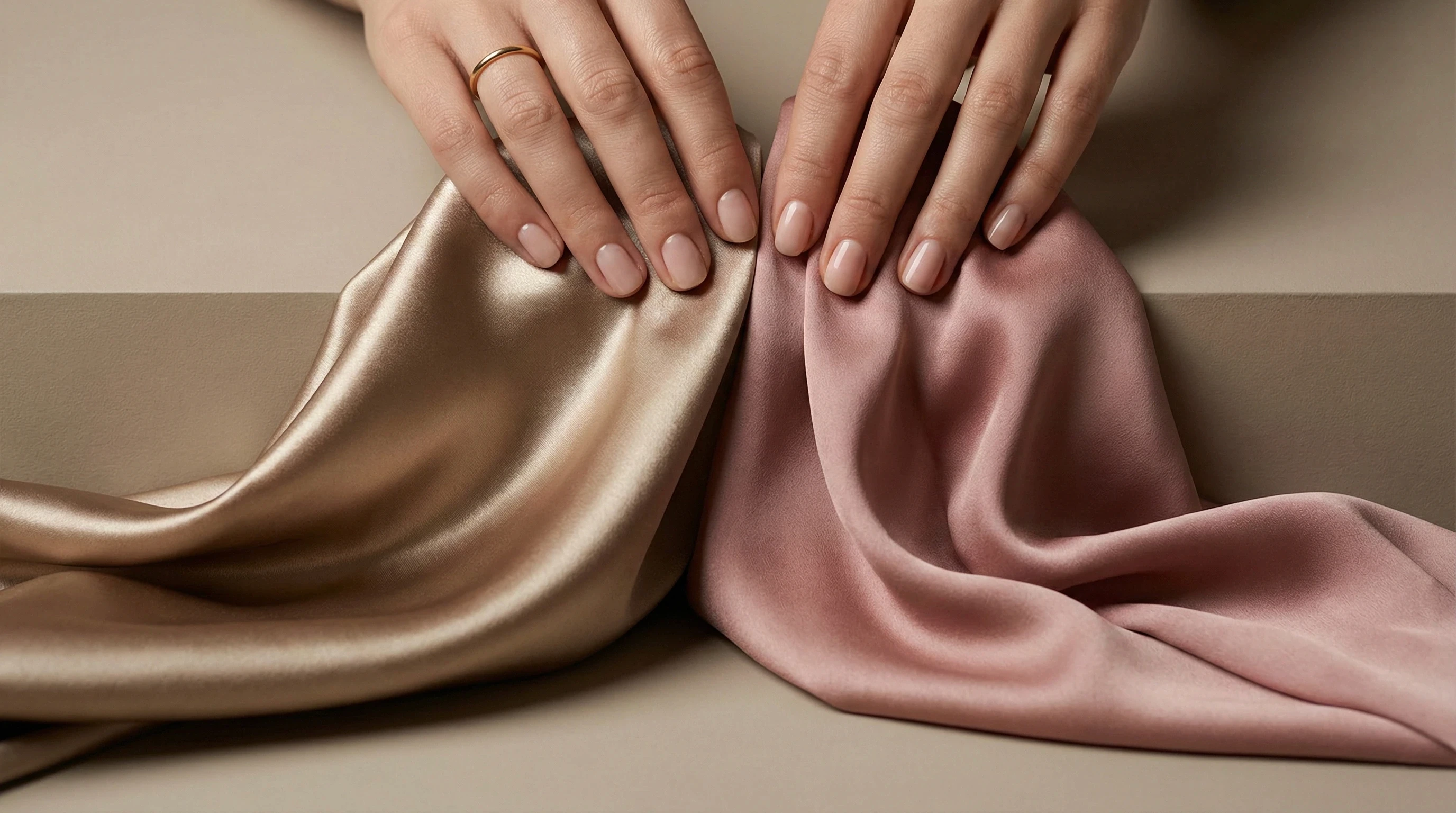 Hands holding champagne and blush satin fabric in close-up.