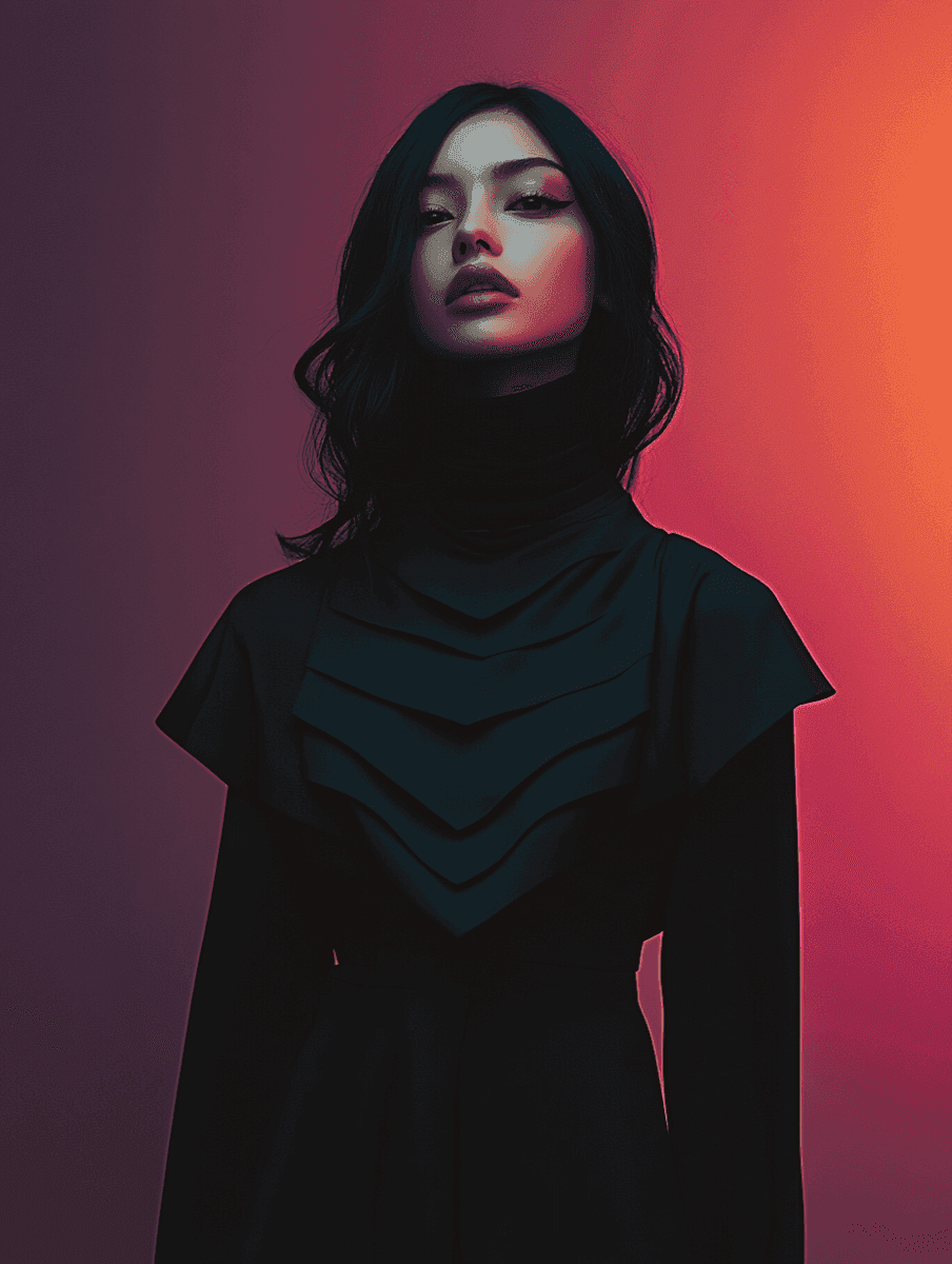 Woman in black with wine-red linear background