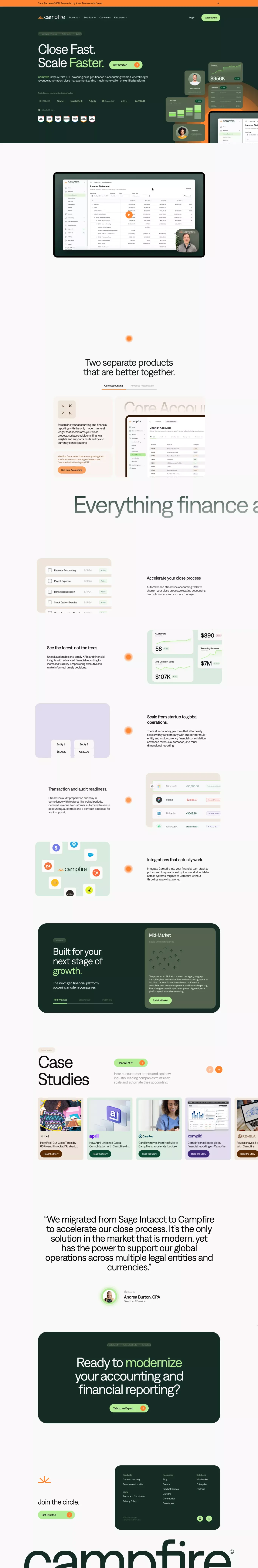 Campfire landing page screenshot showcasing Finance and Tech design