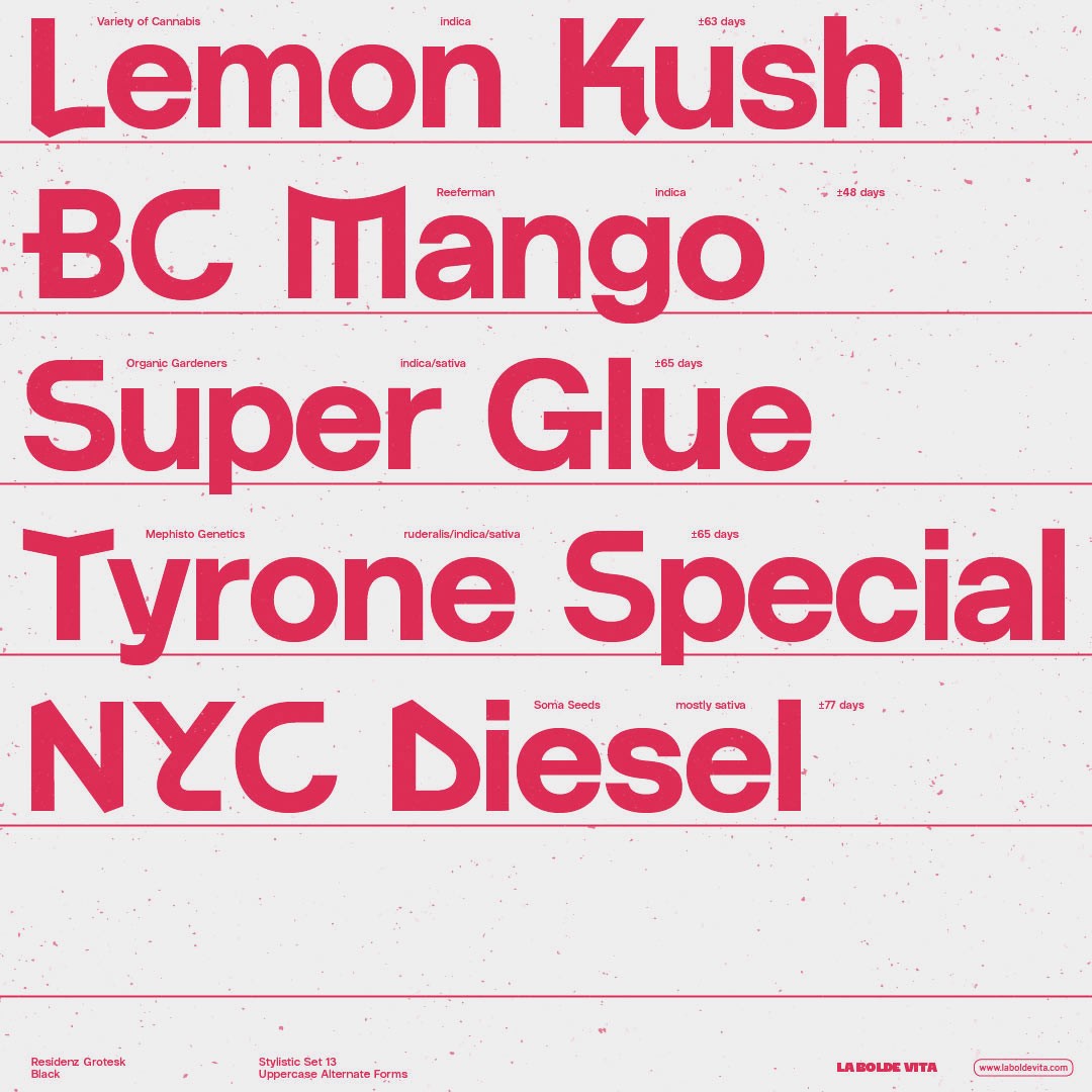 A red on white formal specimen set in Residenz Groteks Black showing single alternate glyphs in sample words