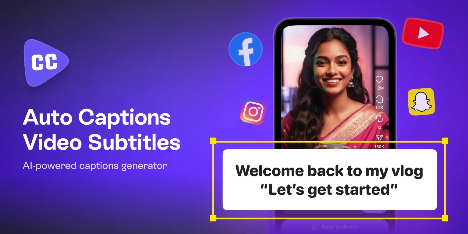 AI-powered automatic captions app displaying a woman’s video with generated subtitles on a smartphone.