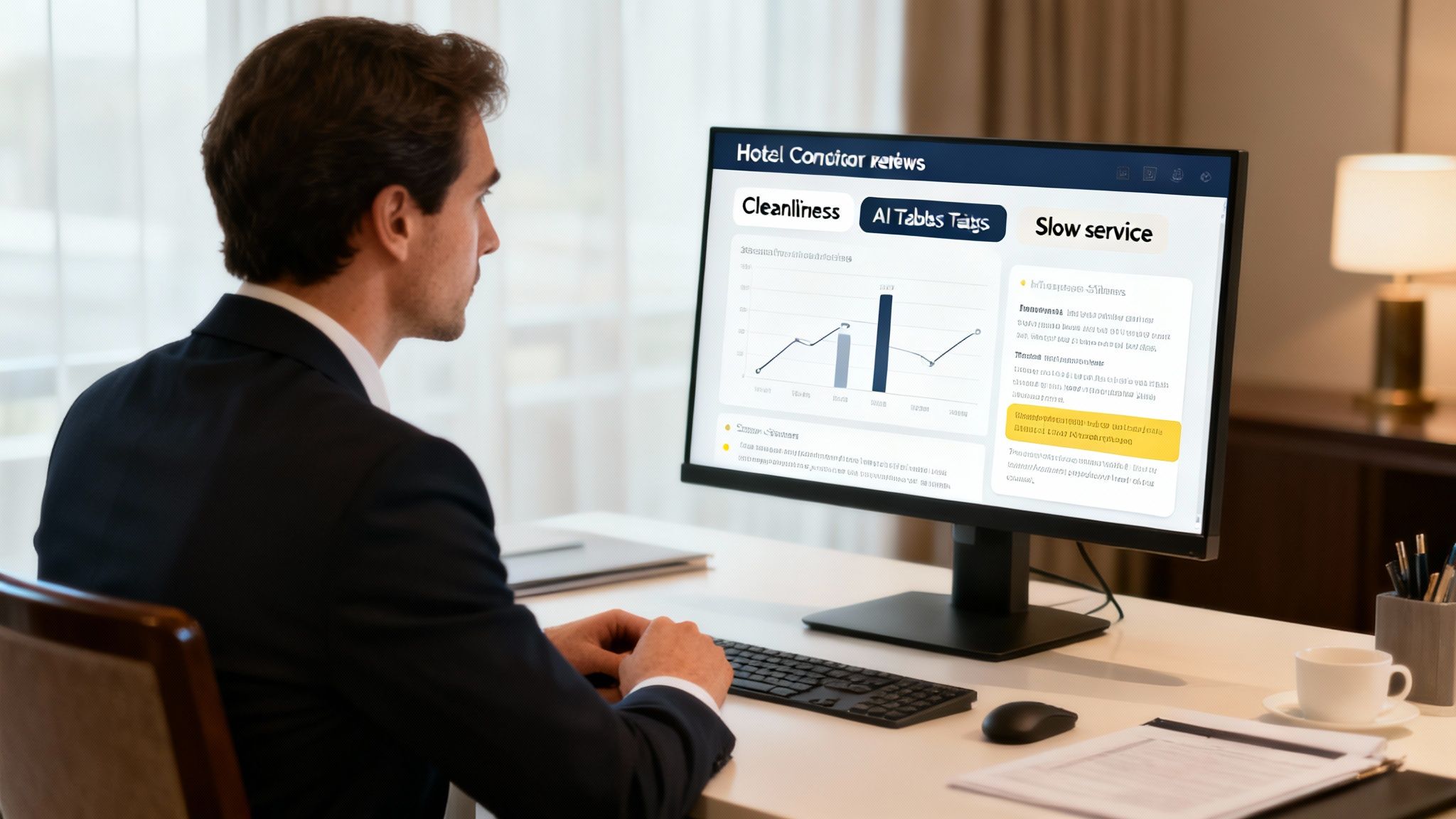 A businessman analyzing hotel customer feedback and performance metrics on a computer monitor.