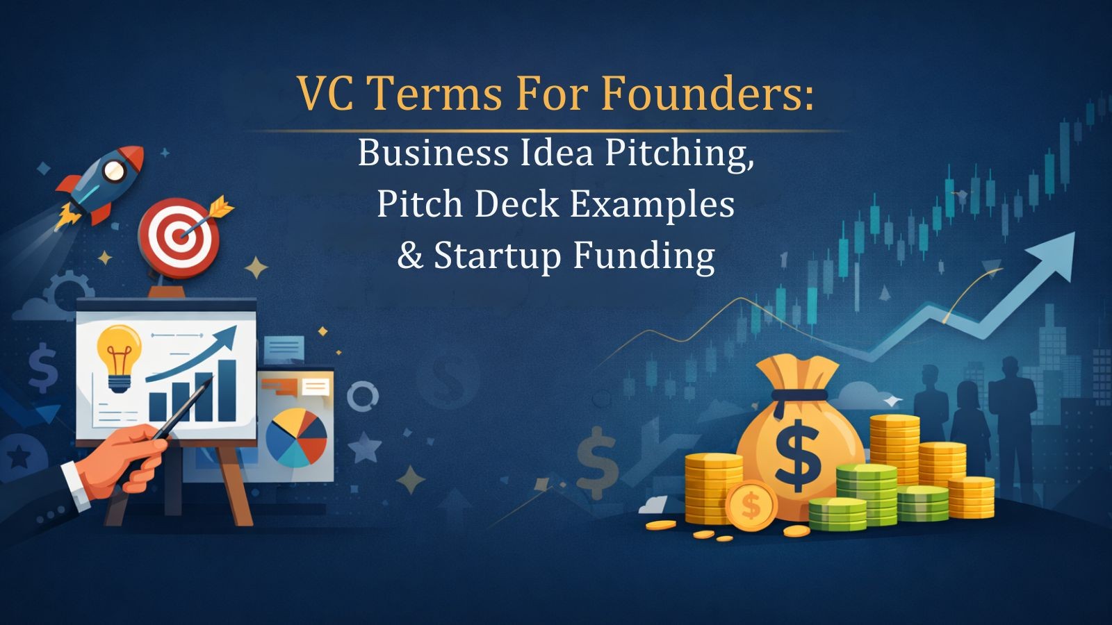 VC Terms for Founders: Business Idea Pitching, Pitch Deck Examples & Startup Funding with icons