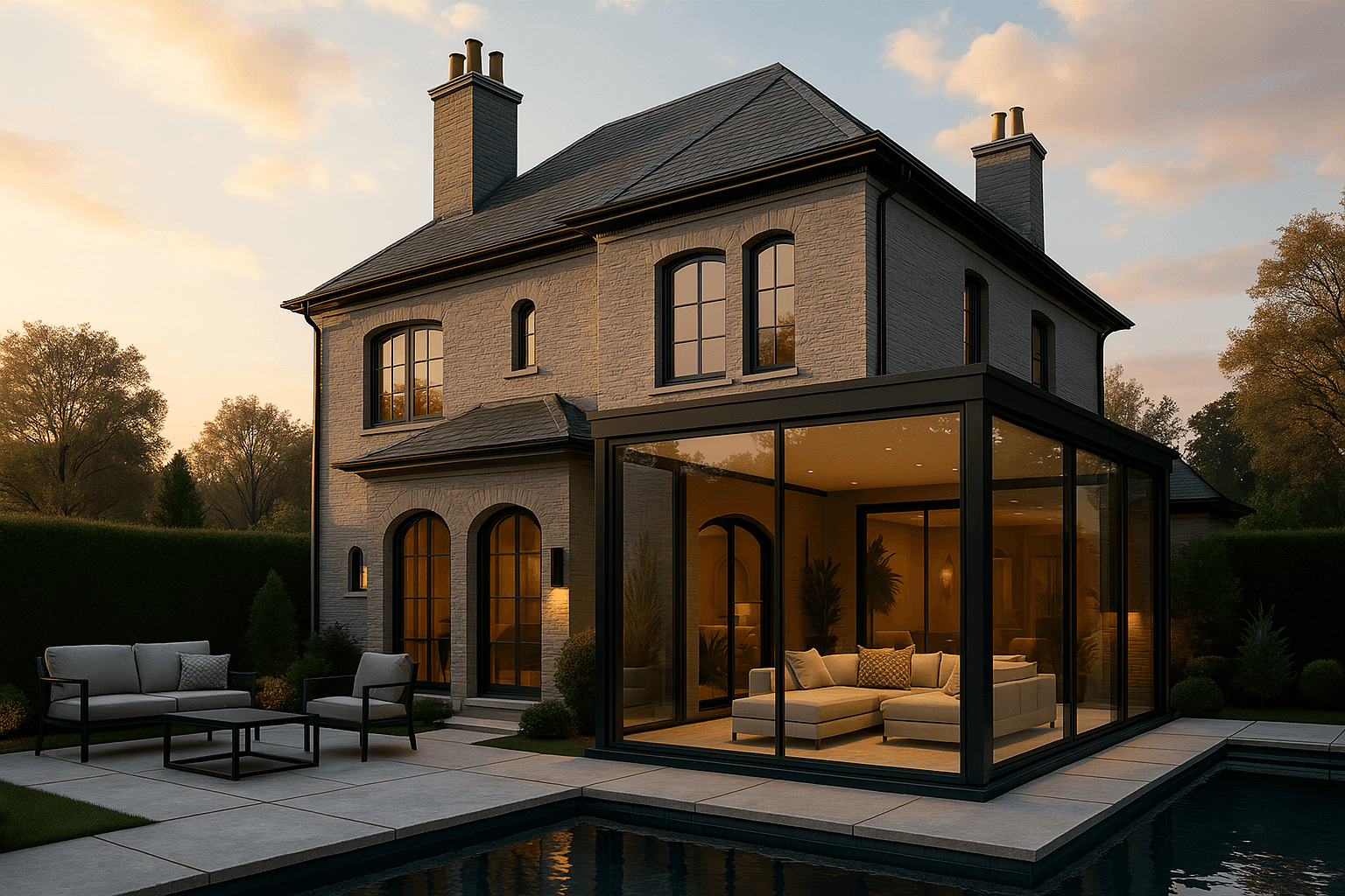 Modern house with a smart film sunroom facing a landscaped pool area at sunset.