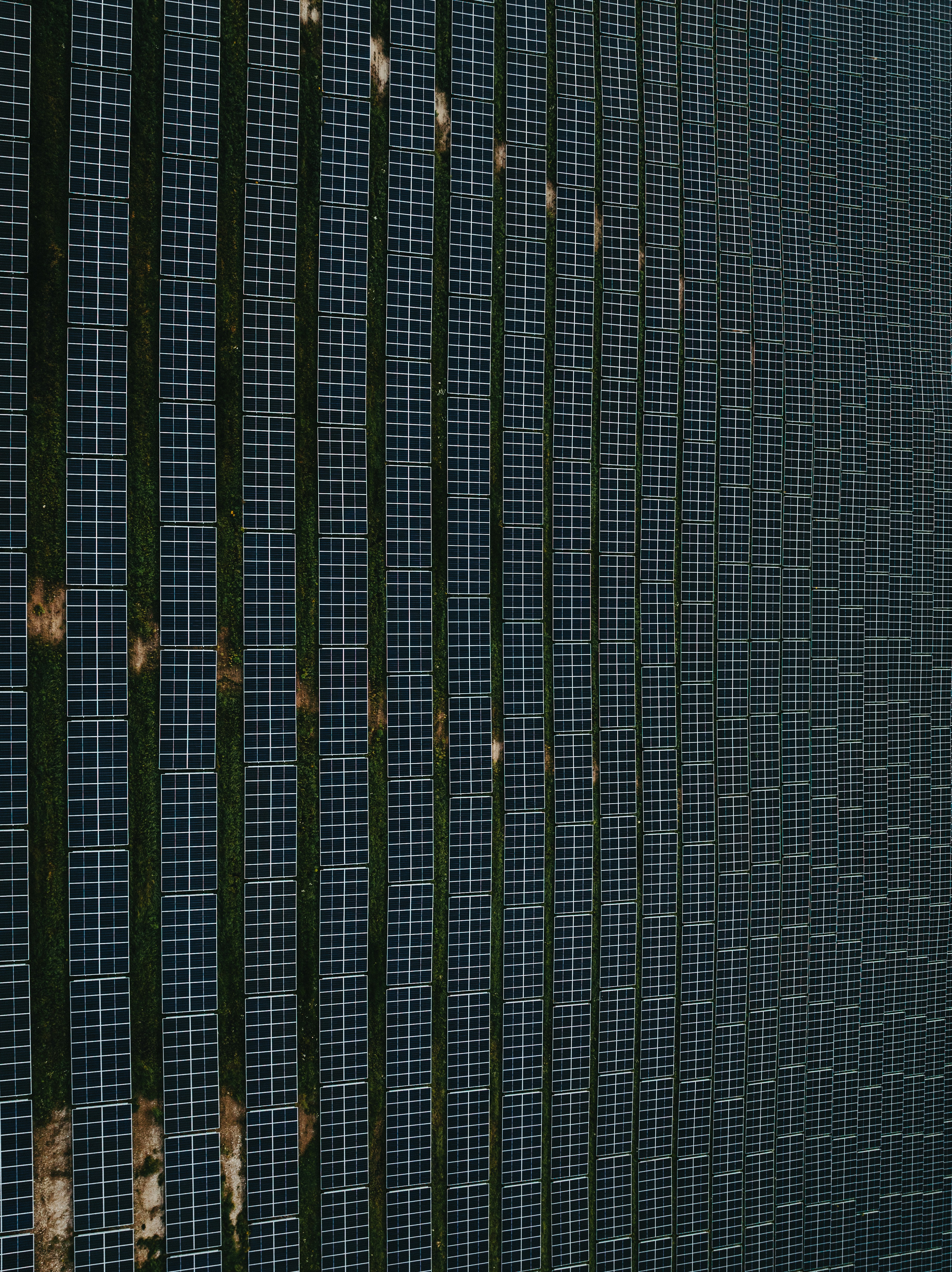 Aerial view of a large solar panel farm