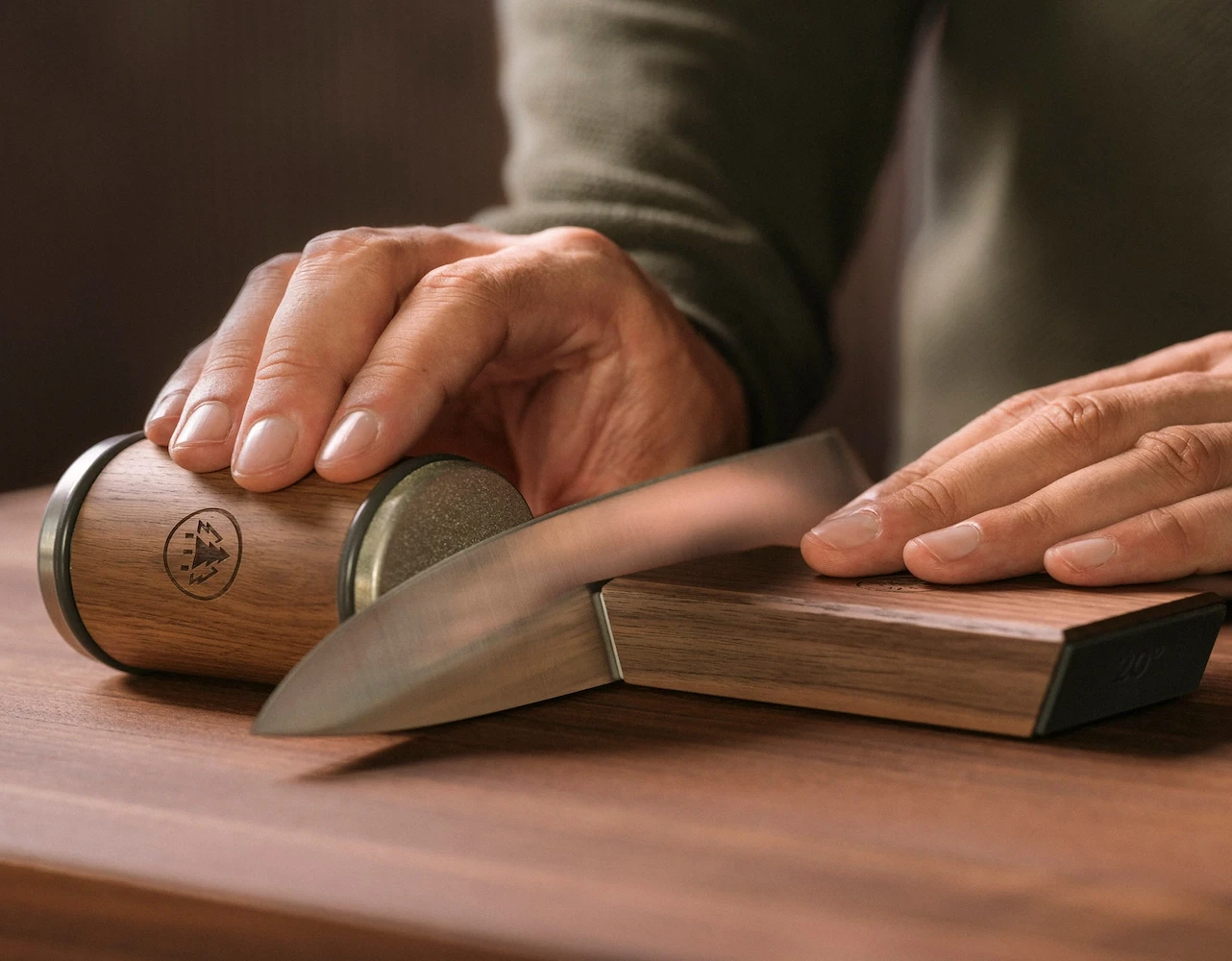 Close-up of the HORL diamond grinding disc in action, showcasing the durable diamonds included with every sharpener for fast results and a uniform grinding pattern.