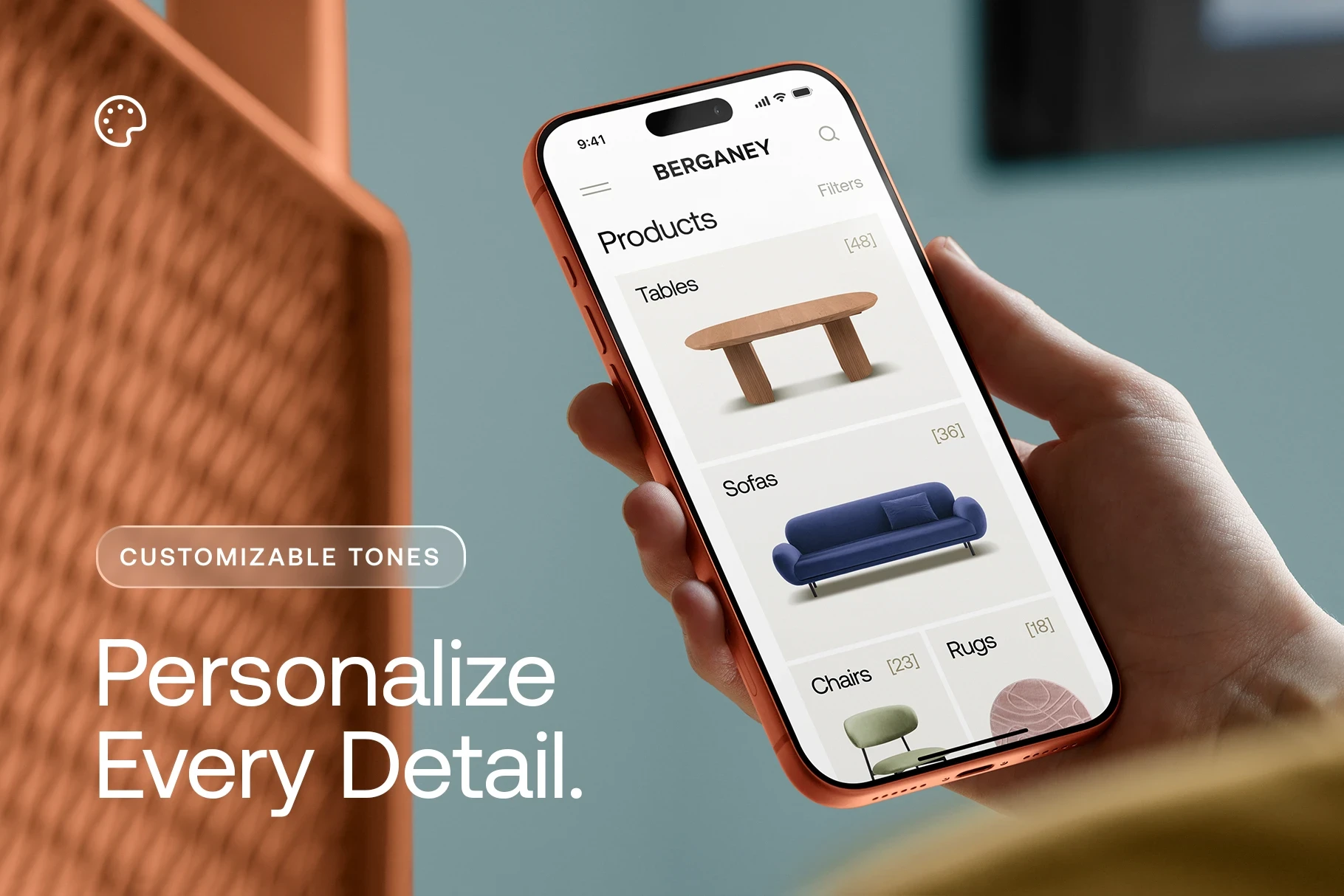 Hand holding the iPhone 17 Pro mockup displaying a furniture app UI, demonstrating customizable scene details.