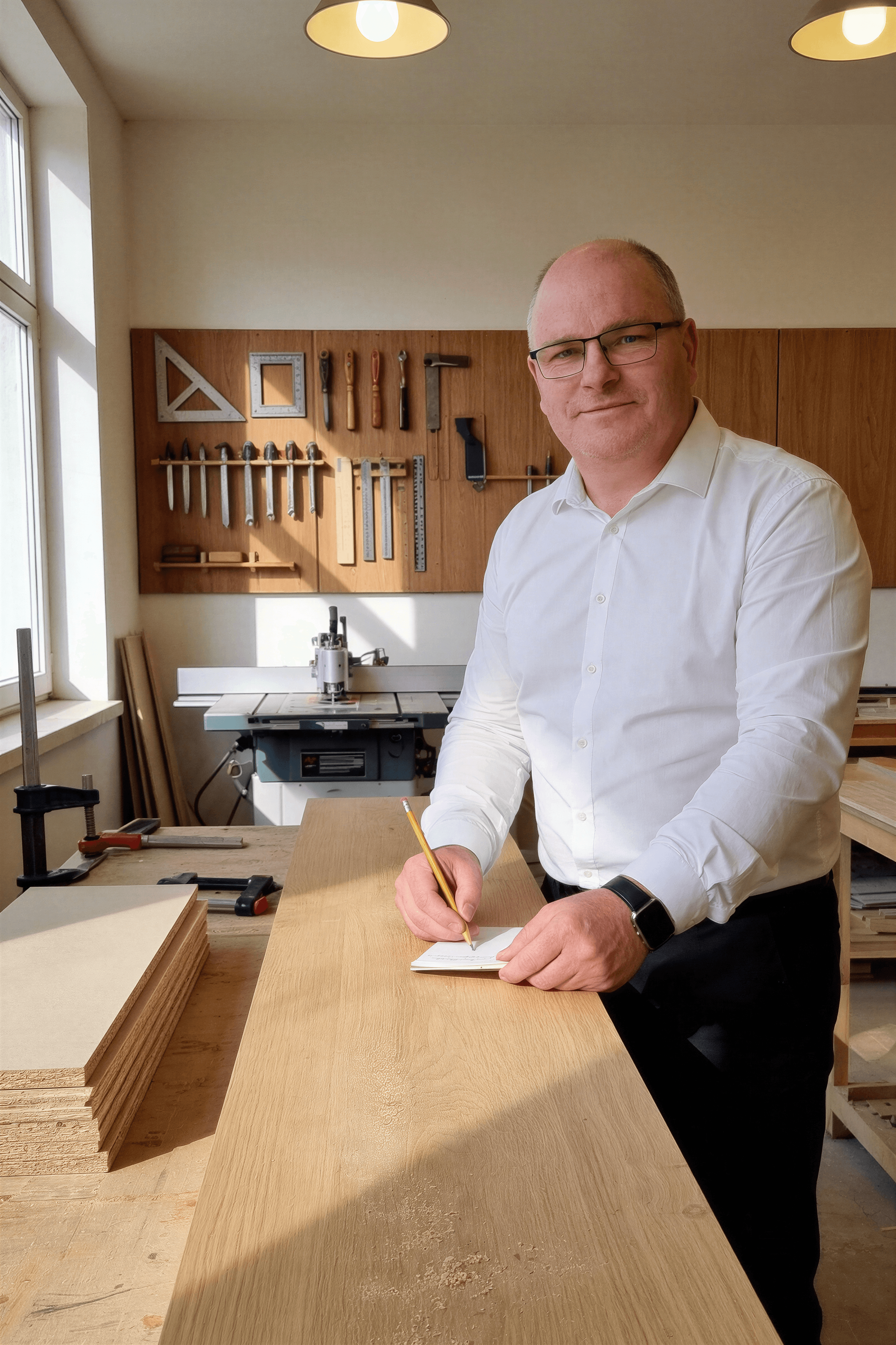 Tâmplar la bancul de lucru în atelier, unelte pe perete și lumină caldă. Fondatorul Eviomob, Bendrea Dan