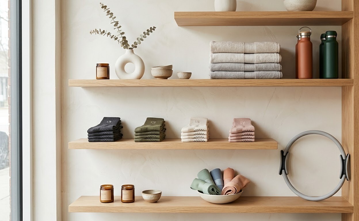 Oak shelves holding towels, grip socks and a Pilates ring
