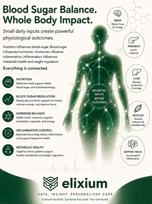 Infographic showing how blood sugar balance influences hormones, inflammation, metabolism, energy, and weight regulation.