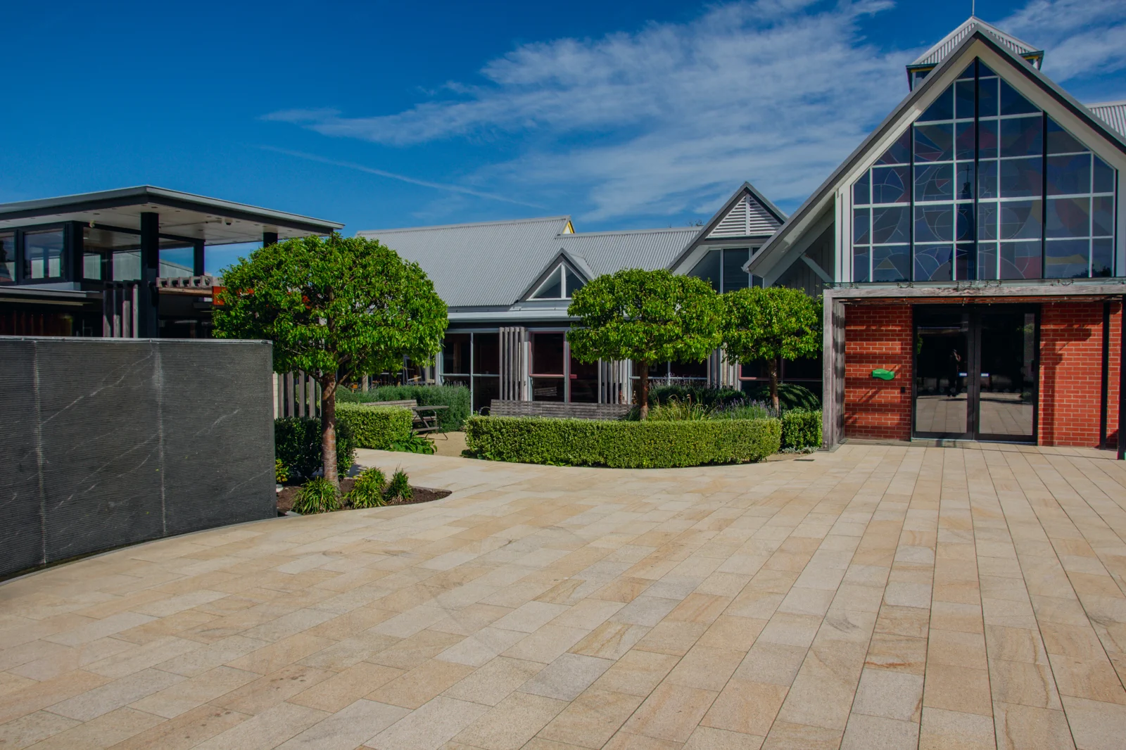 Modern retreat centre courtyard and chapel exterior