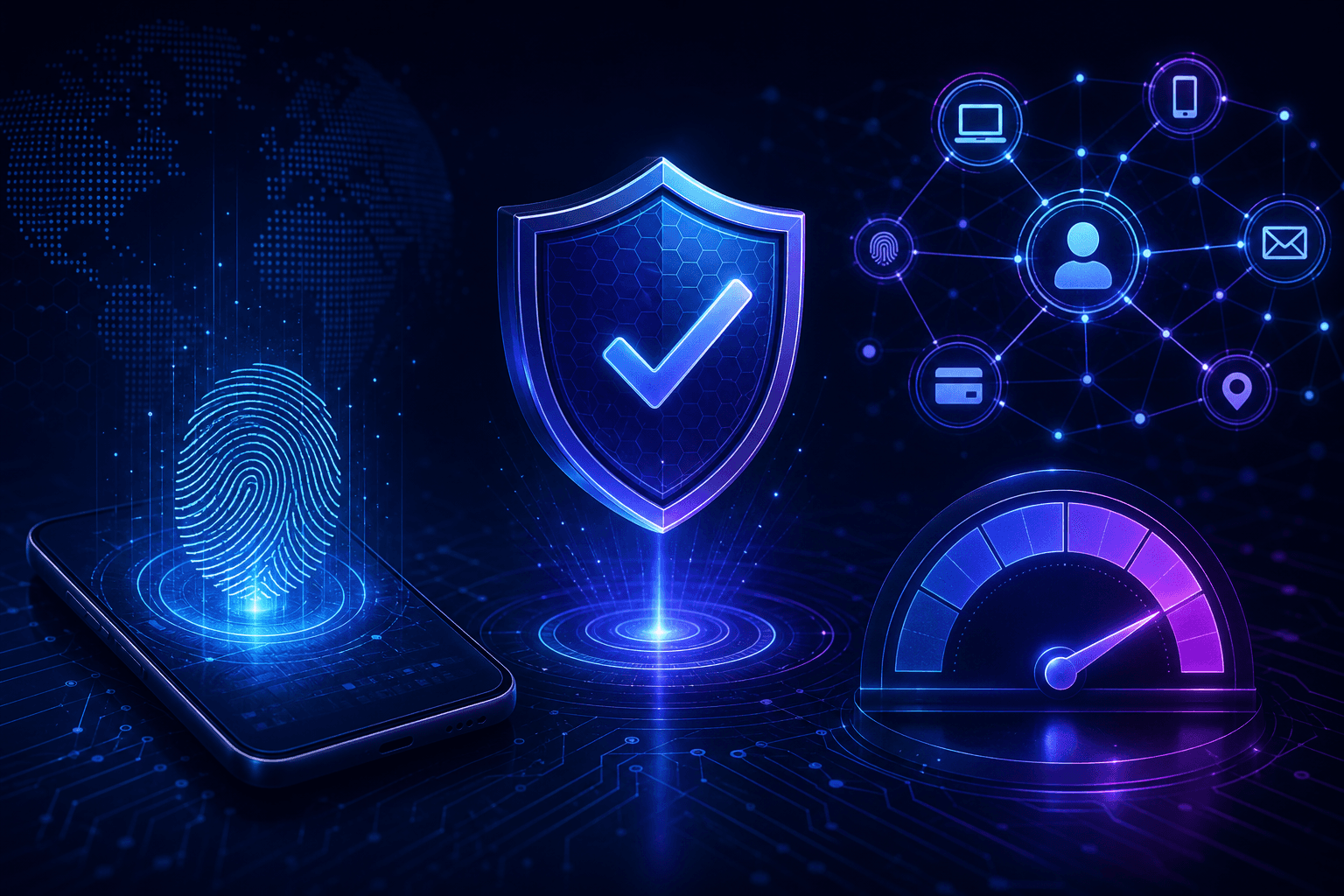 A digital security verification interface concept showing multiple layered authentication signals: a glowing device fingerprint scan, a floating shield with a checkmark, interconnected nodes representing account data points, and a confidence meter gauge, all rendered in deep blue and purple tones with a dark background, cybersecurity aesthetic, no text or labels