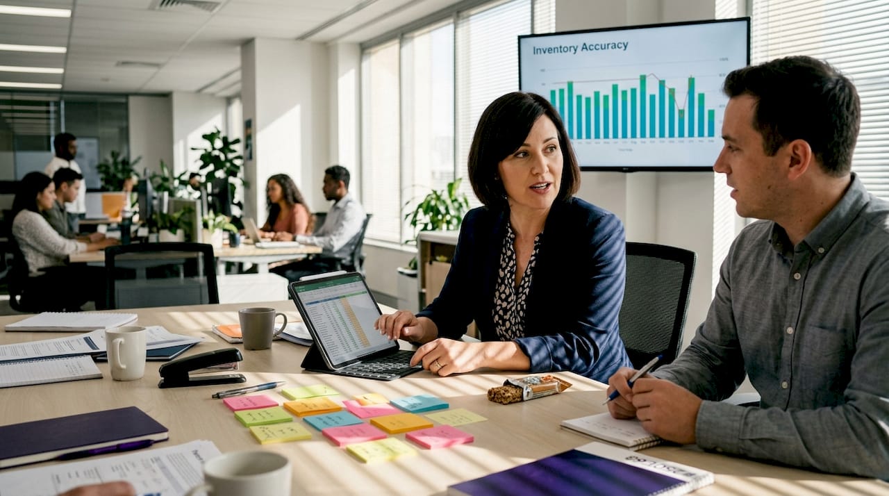 Discussion of live inventory in office meeting