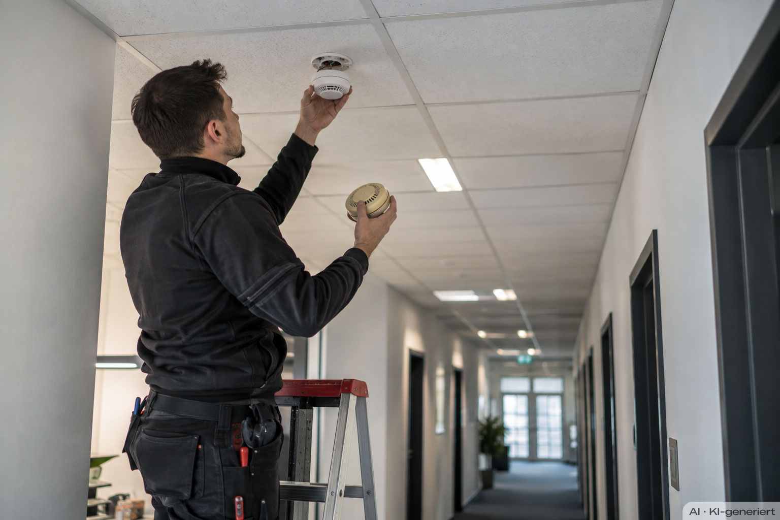KI-generierte Visualisierung eines Technikers, der einen optischen Rauchmelder an einer Bürodecke gegen einen neuen Melder austauscht