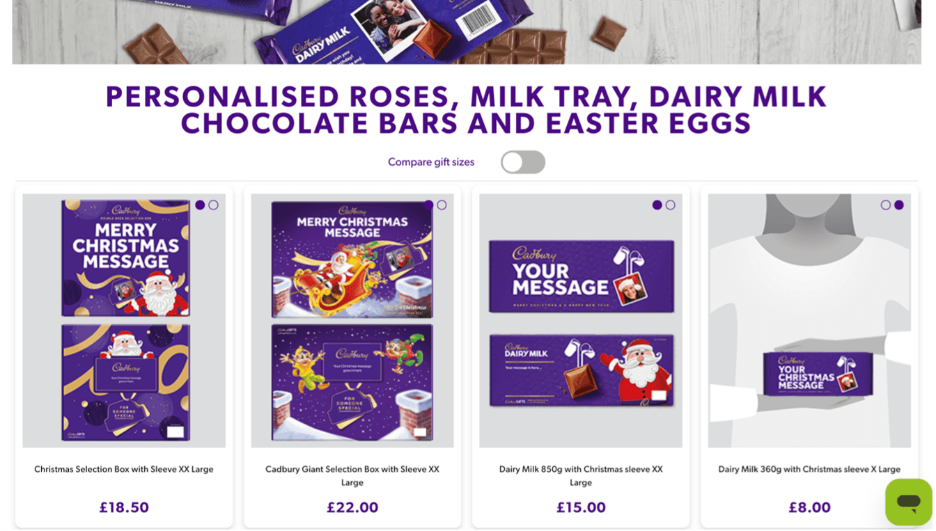 A screenshot of the Cadbury website promoting personalised chocolate bars