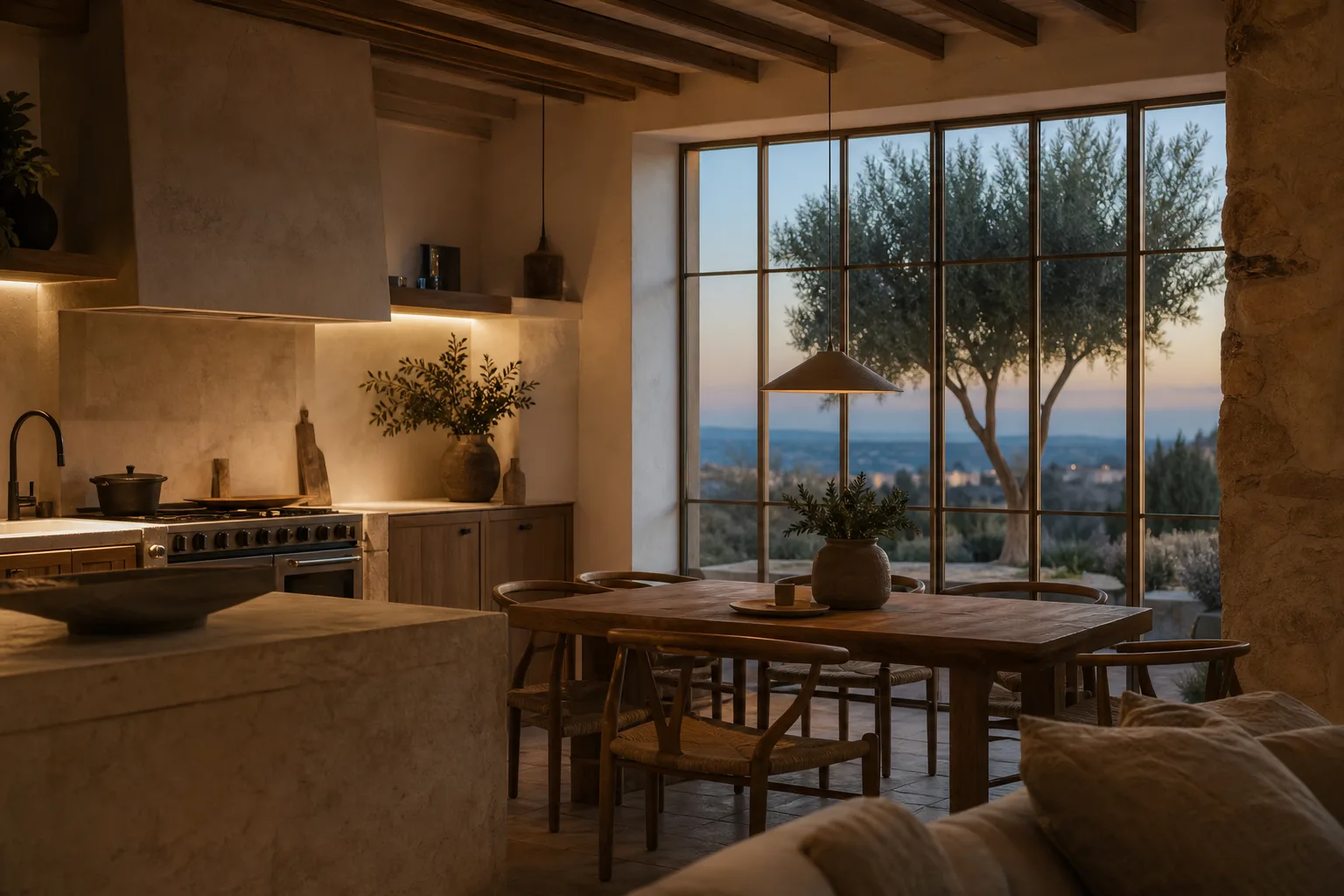 Cocina mallorquina iluminada al anochecer: ahorro de luz y gas en Palma