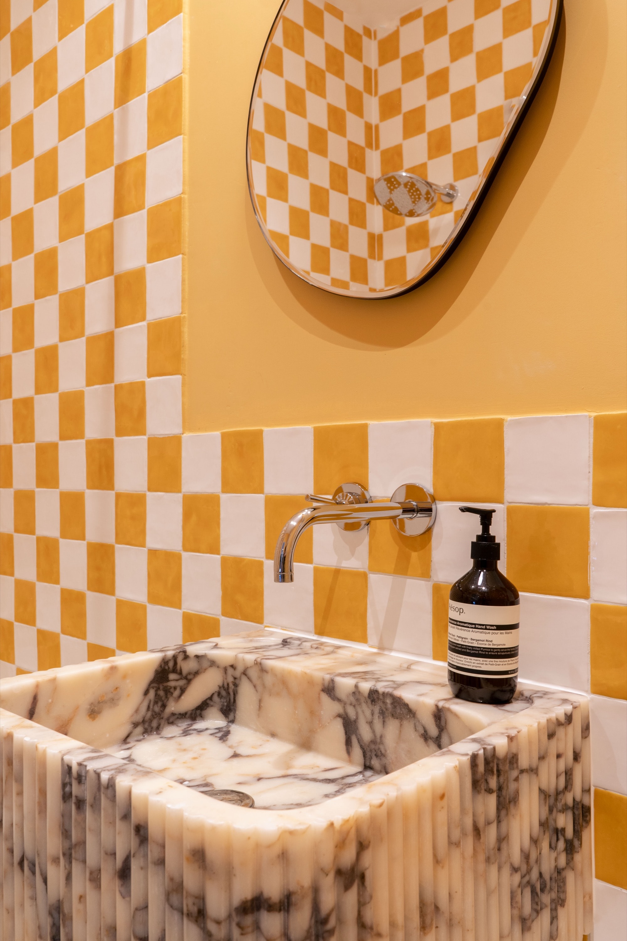 yellow checkered bathroom viola calacatta marble
