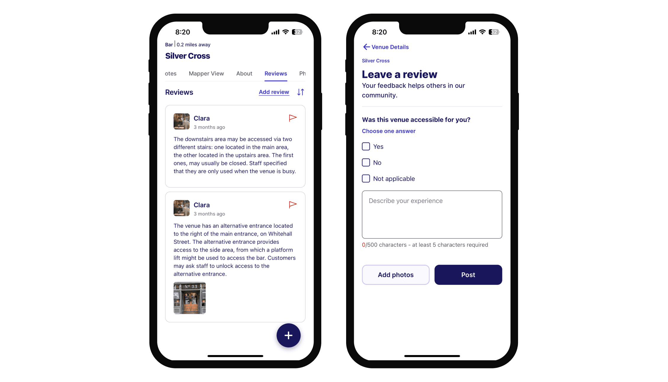 Screenshots of the sociability app showing how to leave a review