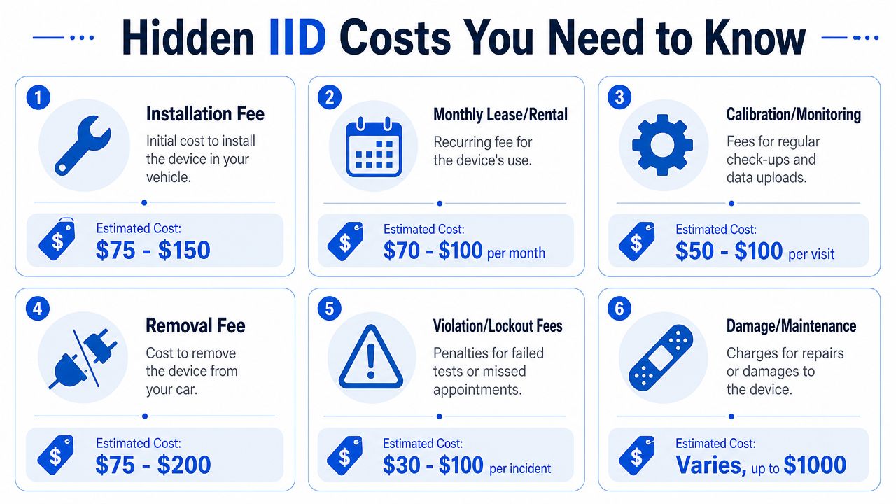An infographic detailing six common hidden costs associated with installing and maintaining an ignition interlock device.