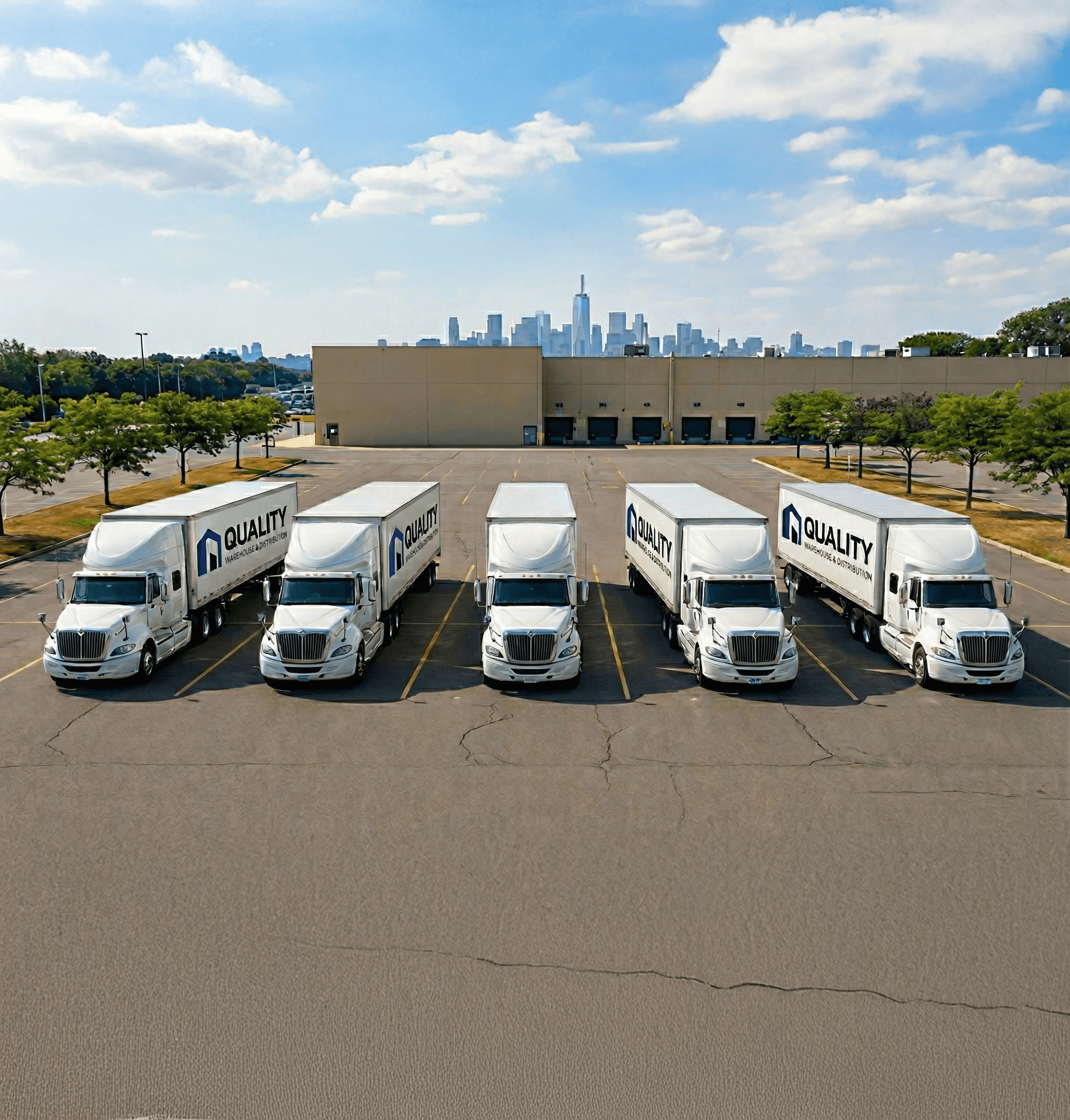 Aerial view of several white delivery trucks parked in a lot with a city skyline in the background under blue skies.