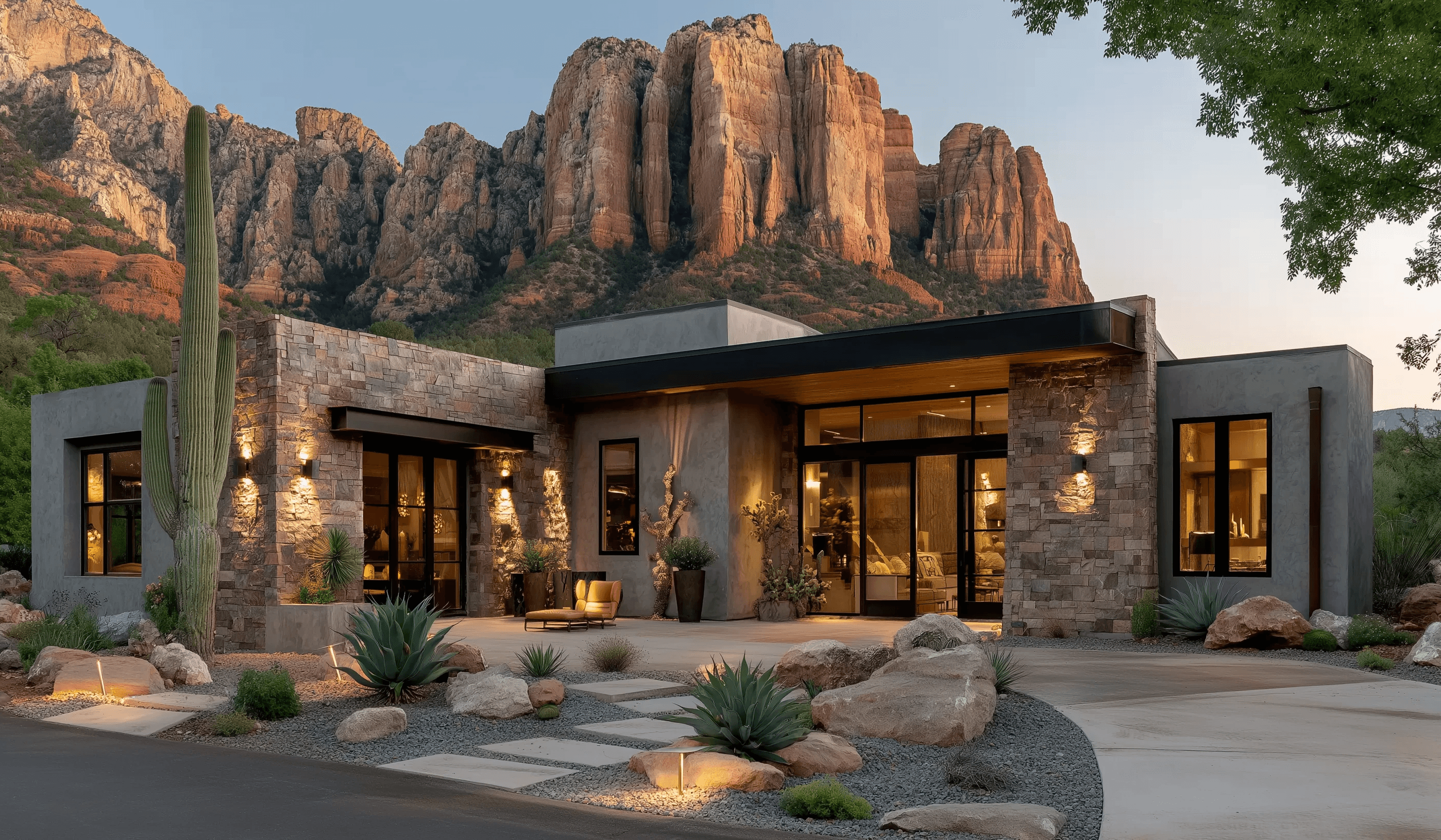 Front exterior of a contemporary luxury desert home with stone cladding, desert landscaping featuring cacti and agave, and majestic red rock mountains behind it.