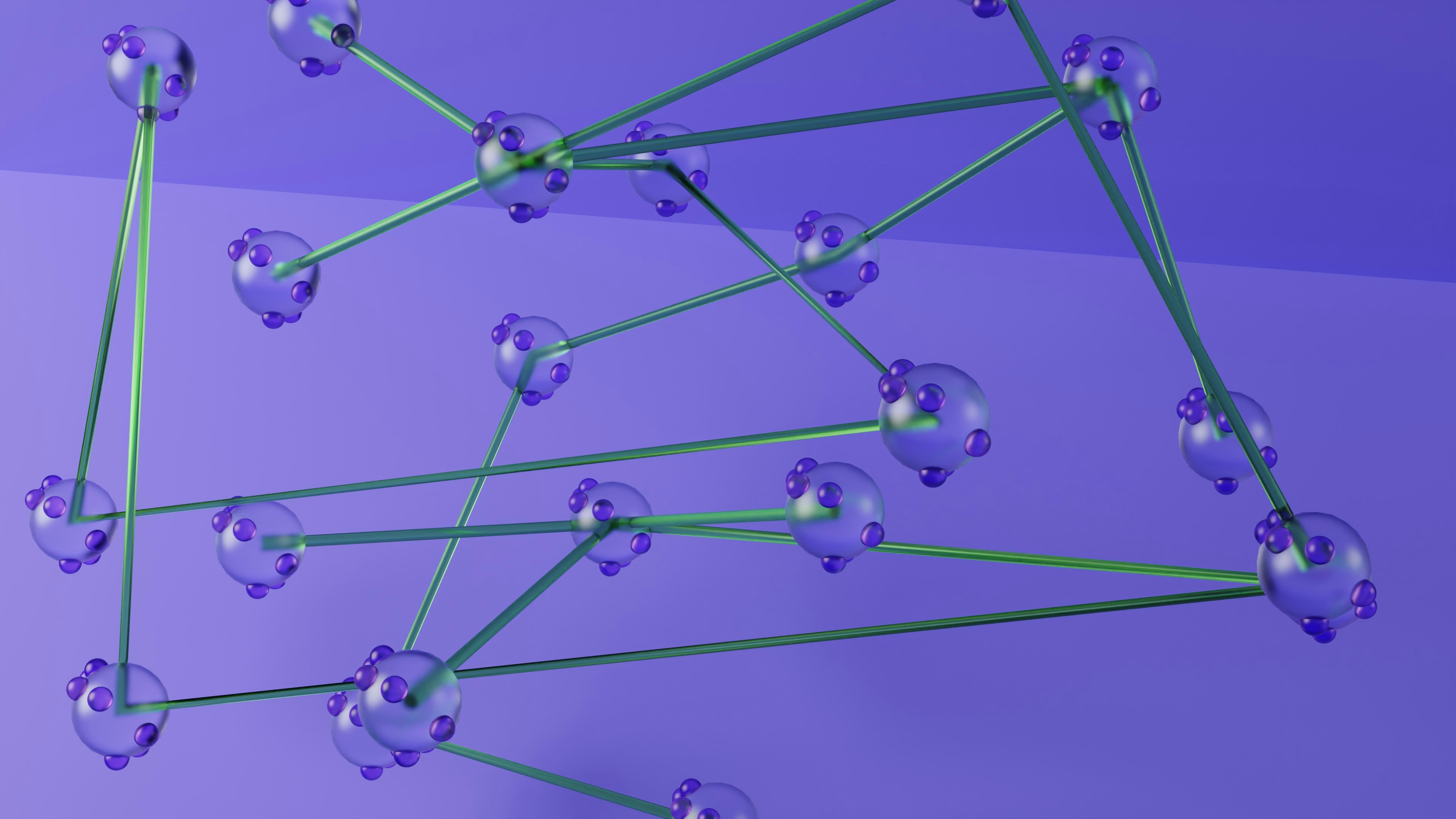 A network visualization showing interconnected nodes in purple spheres connected by green lines, representing a neural or blockchain network structure in a 3D space. The nodes appear to be distributed in different depths and heights, creating a complex web-like pattern against a purple background