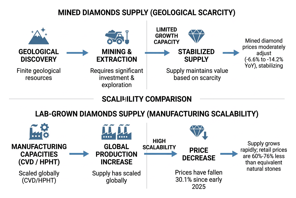 Diagram comparing supply scalability of mined diamonds versus factory produced lab grown diamonds