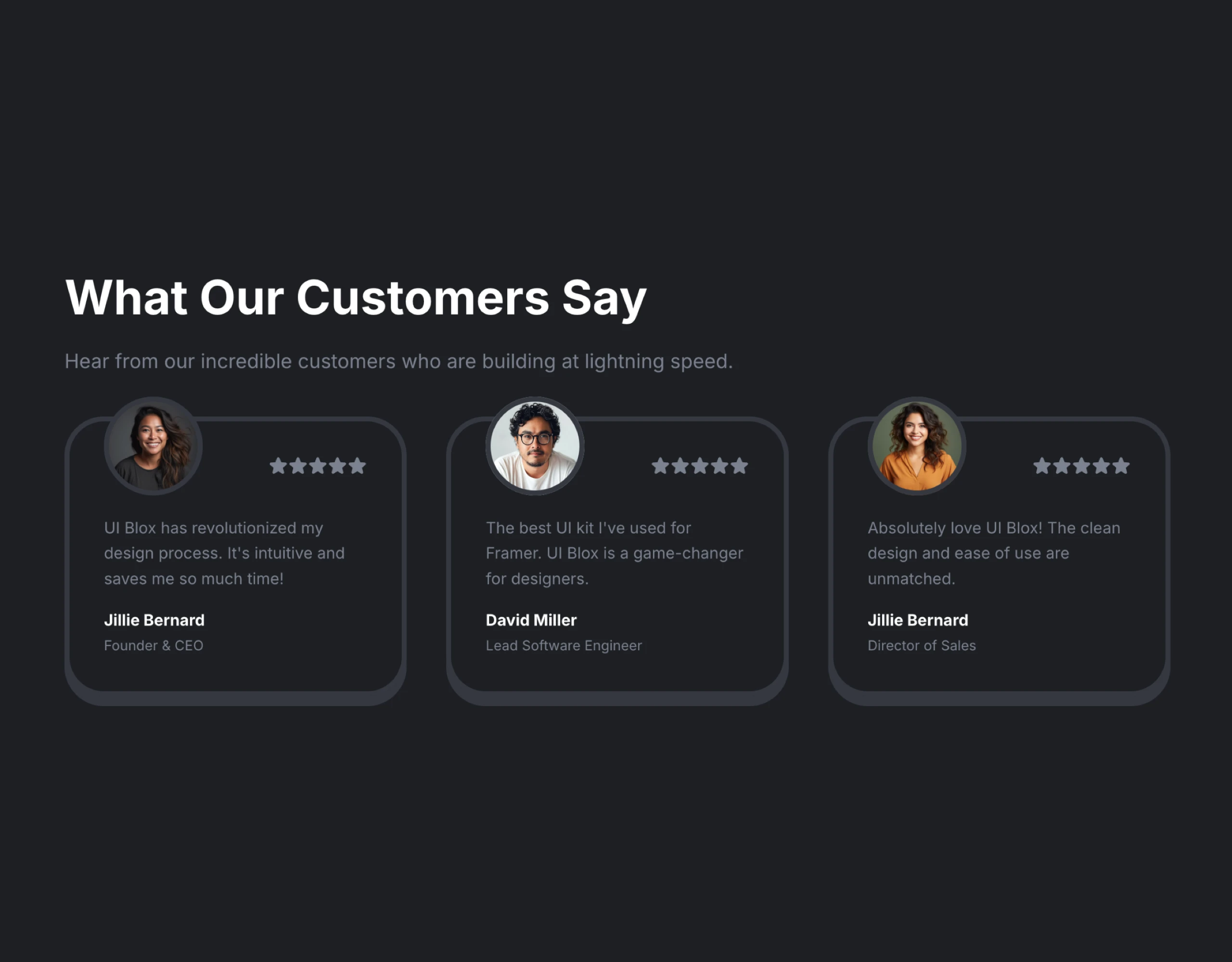 Framer Dark Testimonials Section - Frameblox UI