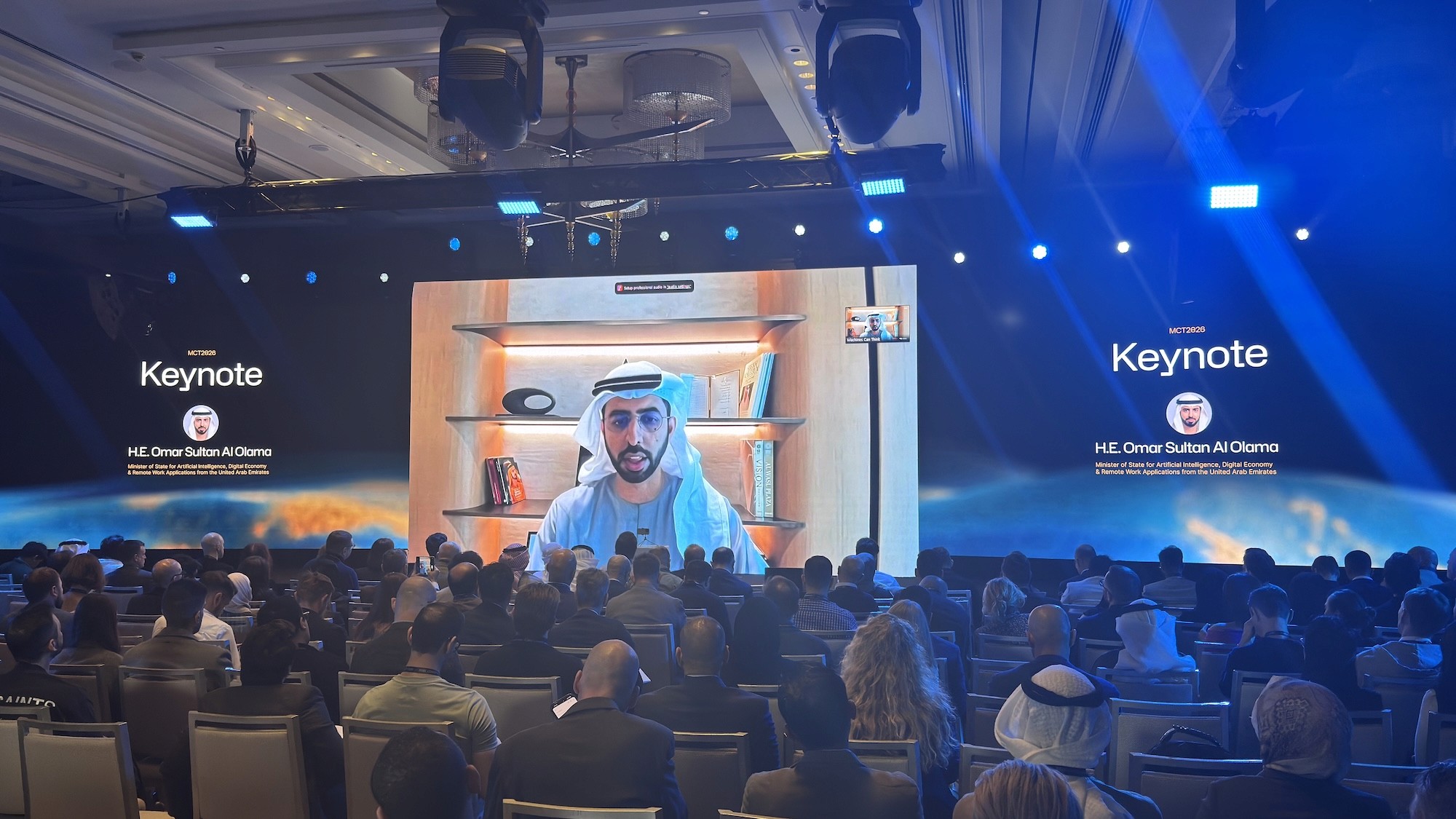 H.E. Omar Sultan Al Olama, UAE Minister of State for AI, Digital Economy and Remote Work Applications – delivering keynote at the Machine Can Think 2026 AI Conference in Abu Dhabi
