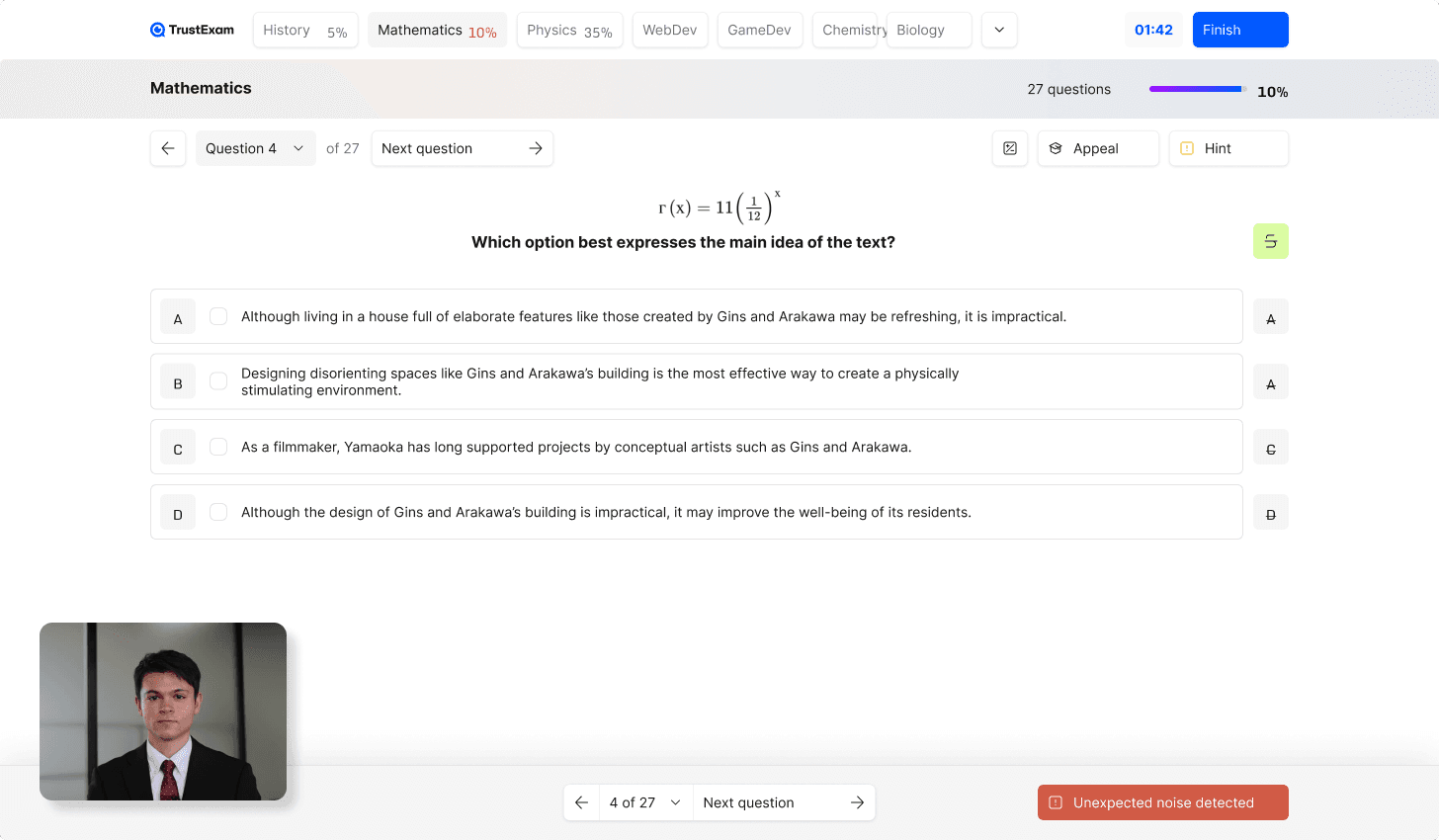 Illustrative TrustExam interface: participant assessment and camera